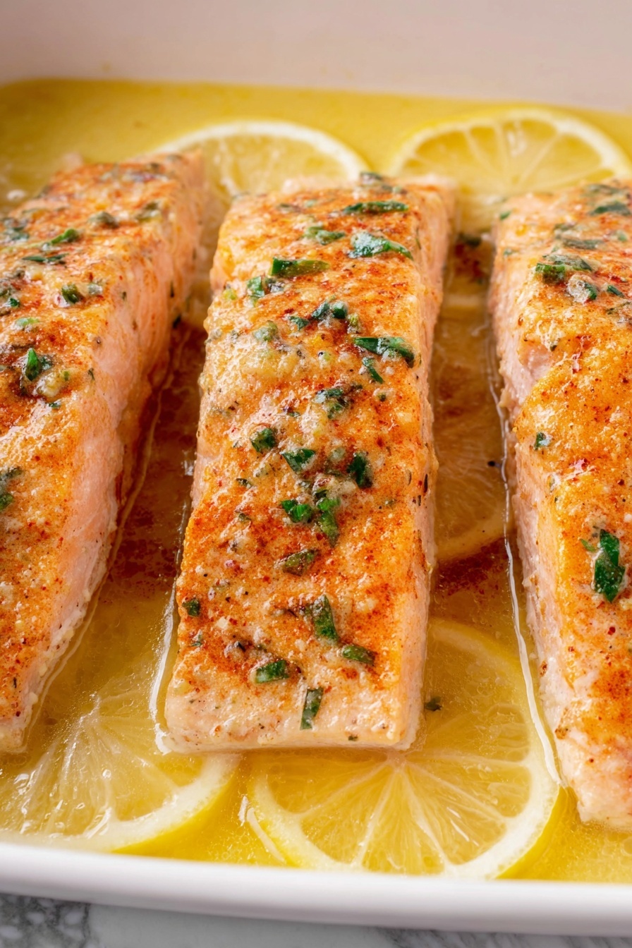 Three pieces of cooked salmon lay side by side in a white dish, each piece topped with a light orange spice mix and small green herb bits. The salmon has a soft, moist texture with a slightly flaky look. The dish is filled with a yellow, buttery sauce, and thin lemon slices rest underneath and around the salmon, adding a bright touch. The background is a white marbled texture. photo taken with an iphone --ar 2:3 --v 7 - Baked Salmon with Garlic and Lemon, baked salmon recipe, easy fish dinner, healthy baked salmon, lemon garlic salmon