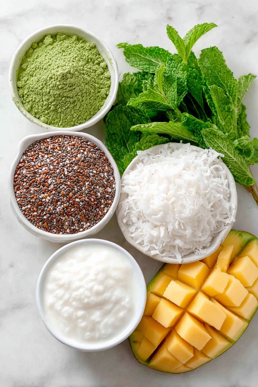 Flat lay of small white ceramic bowls containing raw chia seeds, bright green matcha powder, creamy coconut milk, and delicate white coconut flakes, a large peeled mango cut into vibrant golden cubes, fresh mint leaves with bright green hues arranged neatly, all ingredients fresh and natural, placed on a clean white marble surface, soft natural light, photo taken with an iPhone, professional food photography style, fresh ingredients, white ceramic bowls, no bottles, no duplicates, no utensils, no packaging --ar 2:3 --v 7 --p m7354615311229779997 - Vegan Mango Matcha Chia Pudding, healthy vegan chia pudding, tropical mango chia pudding, plant-based matcha dessert, vegan breakfast parfait