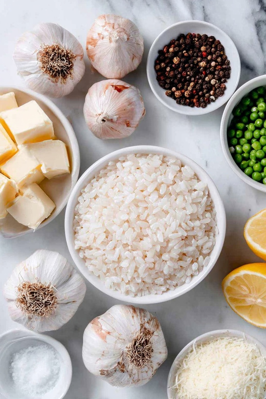 Flat lay of a medium shallot diced, four whole uncracked garlic cloves, a small white ceramic bowl of Arborio rice, a white ceramic bowl with fresh vegetable broth, a few small cubes of fresh butter, a small white ceramic bowl of coarse salt, a small white ceramic bowl of whole black peppercorns, a whole fresh lemon with visible zest and one lemon half juiced, a small white ceramic bowl of fresh green peas, and a small white ceramic bowl of finely grated Parmesan cheese all arranged in perfect symmetry placed on a clean white marble surface, soft natural light, photo taken with an iPhone, professional food photography style, fresh ingredients, white ceramic bowls, no bottles, no duplicates, no utensils, no packaging --ar 2:3 --v 7 --p m7354615311229779997 - Easy Lemon Risotto, Lemon Risotto in Rice Cooker, Creamy Lemon Risotto, Quick Rice Cooker Risotto, Easy Lemon Risotto recipe