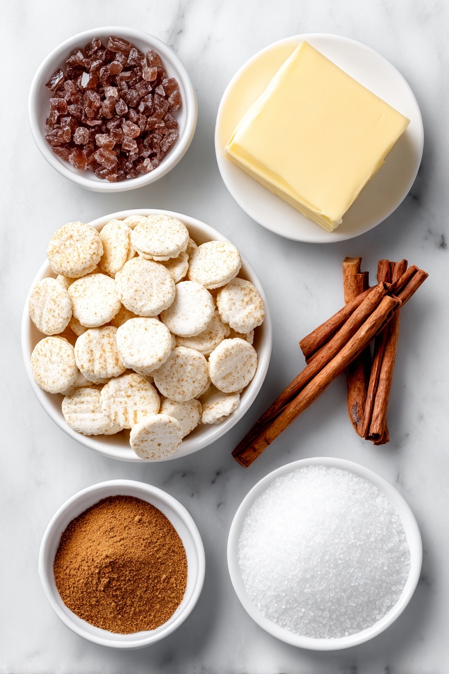 Flat lay of fresh oyster crackers scattered loosely, a small pile of dark brown sugar crystals in a white ceramic bowl, a cube of unsalted butter with a creamy yellow tone on a white dish, two cinnamon sticks crossed alongside a small white bowl filled with ground cinnamon powder, a small white bowl of granulated sugar sparkling under natural light, a few whole vanilla beans arranged neatly, and a small white bowl containing coarse kosher salt crystals, all placed on a clean white marble surface, soft natural light, photo taken with an iPhone, professional food photography style, fresh ingredients, white ceramic bowls, no bottles, no duplicates, no utensils, no packaging --ar 2:3 --v 7 --p m7354615311229779997 - Oyster Cracker Cinnamon Snack Mix, cinnamon snack mix recipe, homemade sweet snack mix, easy cinnamon cracker recipe, crunchy cinnamon snack