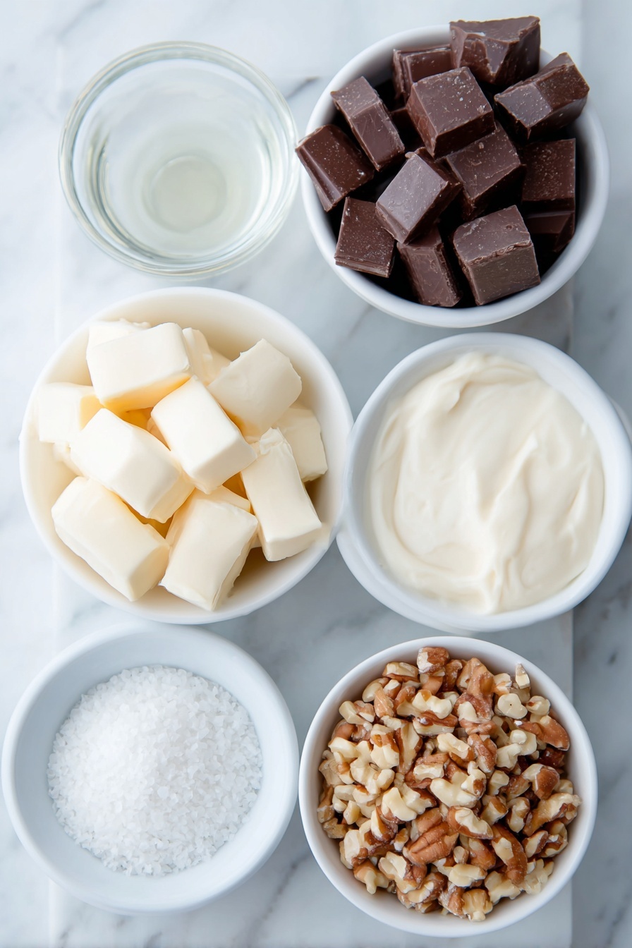 Flat lay of a small white ceramic bowl filled with thick sweetened condensed milk, a few glossy semi-sweet chocolate chunks roughly chopped, several soft pale yellow pieces of unsalted butter at room temperature, a small white ceramic bowl holding clear pure vanilla extract, a small white ceramic bowl with flaky sea salt crystals, and a small white ceramic bowl containing chopped mixed nuts, all arranged symmetrically and balanced, placed on a clean white marble surface, soft natural light, photo taken with an iPhone, professional food photography style, fresh ingredients, white ceramic bowls, no bottles, no duplicates, no utensils, no packaging --ar 2:3 --v 7 --p m7354615311229779997 - Easy Chocolate Fudge, chocolate fudge recipe, simple fudge, homemade chocolate fudge, quick dessert recipes