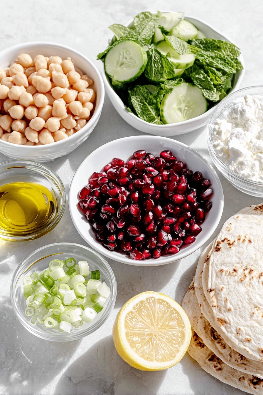Flat lay of fresh whole baby cucumbers, a small white ceramic bowl of drained chickpeas, thinly sliced bright red radishes arranged neatly, a cluster of glossy deep red pomegranate seeds in a small white bowl, finely sliced pale green spring onion scattered lightly, a small white bowl filled with freshly chopped vibrant green mint leaves, a small white bowl of golden olive oil, a small white bowl of amber maple syrup, a halved lemon showing juicy pulp, a small white bowl with smooth beige tahini, a small white bowl of thick white coconut yoghurt, a small mound of crumbled vegan feta cheese, a small stack of round pale yellow tortillas, all placed with perfect symmetry on a clean white marble surface, soft natural light, photo taken with an iPhone, professional food photography style, fresh ingredients, white ceramic bowls, no bottles, no duplicates, no utensils, no packaging --ar 2:3 --v 7 --p m7354615311229779997 - Smashed Cucumber and Chickpea Salad, healthy cucumber and chickpea salad, quick veggie salad recipes, refreshing summer salad, plant-based protein salads