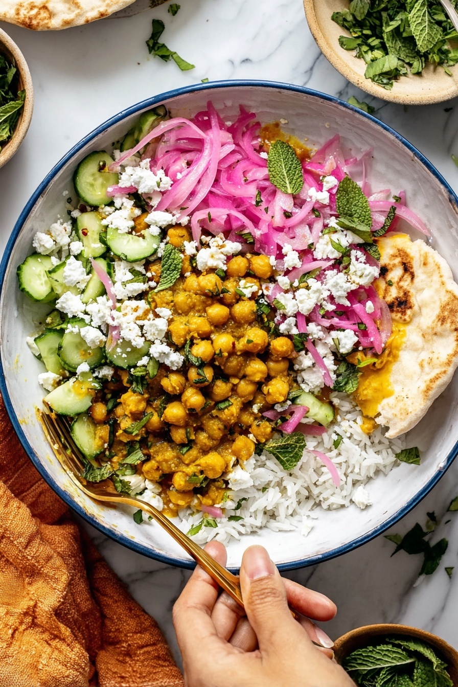 This image shows a white bowl filled with three main layers: on the bottom left, there is a layer of cooked chickpeas with a golden yellow sauce; on the bottom right, there is a layer of white rice; on top, there is a mix of chopped cucumber slices, pink pickled onions, crumbled white cheese, chopped green herbs, and small mint leaves scattered around. A golden fork rests inside the bowl near the chickpeas. A woman's hand is holding a piece of flatbread dipped into the chickpeas layer. The background surface is white marble, and small bowls with green herbs and cucumber slices are placed around the bowl. Photo taken with an iphone --ar 2:3 --v 7 - Mediterranean Chicken Bowls with Feta Sauce, Mediterranean chicken bowls, healthy chicken bowls, quick Mediterranean dinner, flavorful chicken recipes