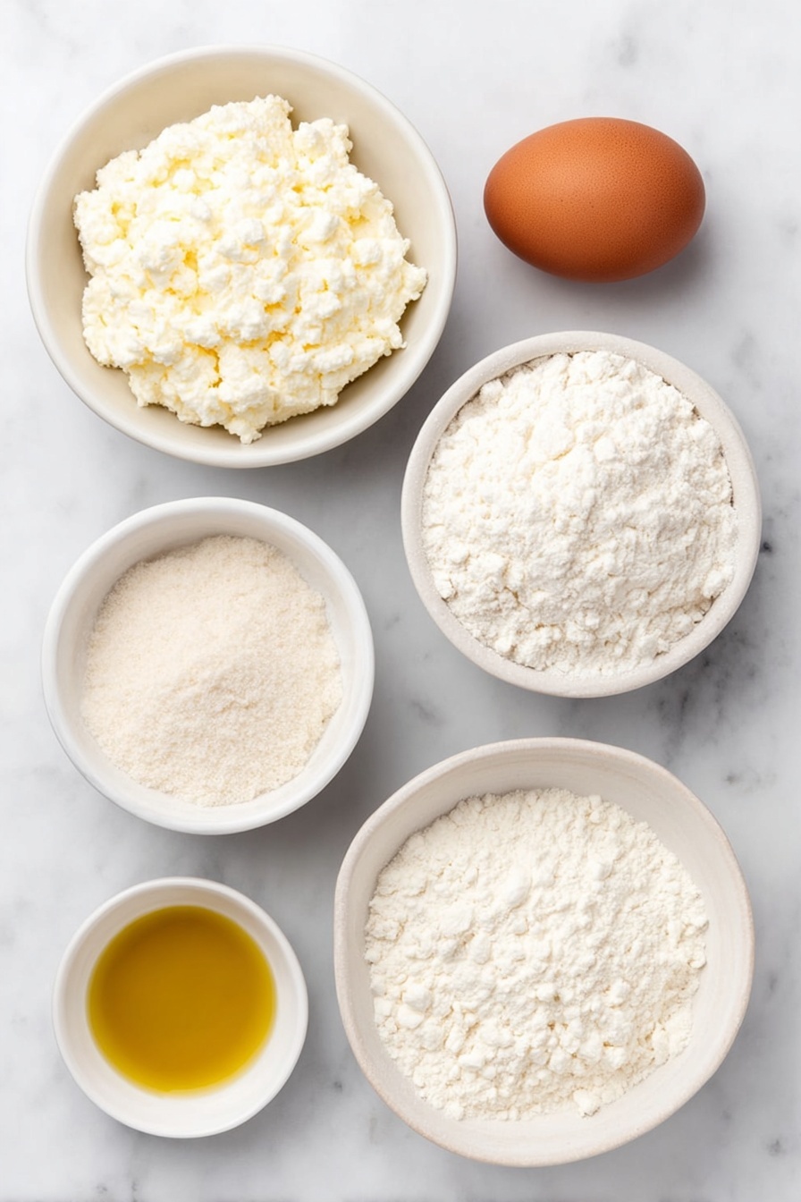 Flat lay of a small mound of fresh white cottage cheese, a simple white ceramic bowl filled with all-purpose flour, a clean white ceramic bowl holding fine baking powder, an uncracked brown egg with a smooth shell, a small white bowl with golden olive oil, and a pinch of coarse sea salt scattered neatly near the bowls, all ingredients arranged in perfect symmetry on a clean white ceramic plate beside the bowls, placed on a clean white marble surface, soft natural light, photo taken with an iPhone, professional food photography style, fresh ingredients, white ceramic bowls, no bottles, no duplicates, no utensils, no packaging --ar 2:3 --v 7 --p m7354615311229779997 - Cottage Cheese Flatbread, easy flatbread recipe, quick flatbread, homemade flatbread, soft flatbread recipes