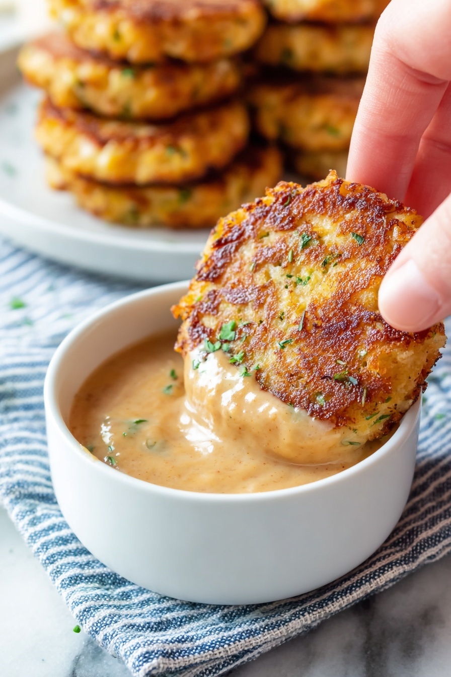 A close-up view shows a golden-brown, crispy round patty with green herb bits being dipped into a bowl of thick, creamy light brown sauce. The bowl is white and sits on a blue-striped cloth over a white marbled surface. In the background, several more patties are stacked on a white plate, slightly blurred. A woman's hand gently holds the patty from the top right side. photo taken with an iphone --ar 2:3 --v 7 - Ham and Cheese Potato Croquettes, cheesy ham croquettes, potato croquettes with ham and cheese, quick appetizer recipes, crispy snack ideas