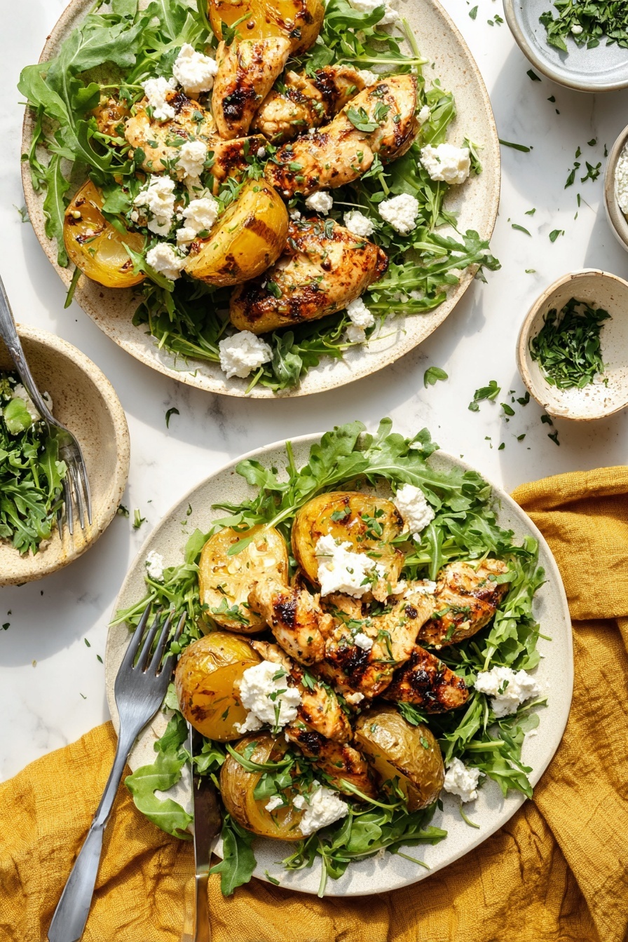 Two white plates sit on a white marbled surface with a soft golden cloth underneath. Each plate holds a bed of fresh green arugula leaves forming the base layer. On top are several pieces of golden-brown cooked chicken, showing light grill marks and a slightly shiny glaze. Mixed among the chicken are caramelized yellow onion slices and halved fingerling potatoes with a crisped, browned surface. Small dollops of white, crumbly cheese are scattered on top, along with fresh green herbs finely chopped and sprinkled for garnish. To the left of the lower plate are a knife and fork resting on the golden cloth, and small bowls with herbs and more cheese sit nearby. The lighting is bright and natural, capturing the textures clearly. photo taken with an iphone --ar 2:3 --v 7 - Lemon Garlic Chicken and Potatoes, Lemon Garlic Chicken bake, One-pan chicken and potatoes, Mediterranean baked chicken, Easy lemon chicken dinner