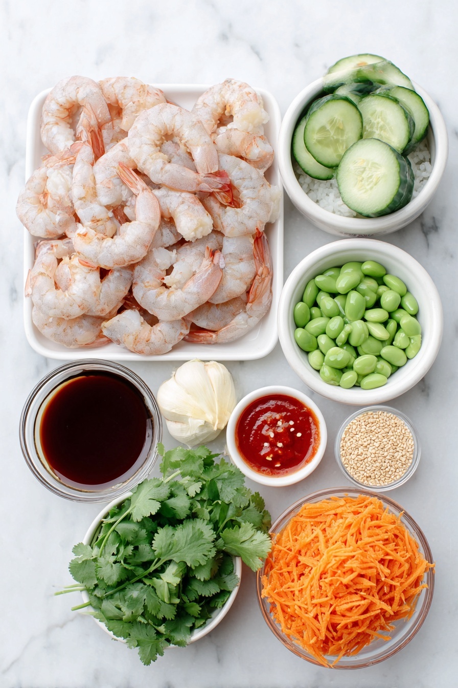 Flat lay of fresh raw shrimp with a light pink hue, a small pile of fluffy white cooked rice, a halved English cucumber with bright green seeds, a cup of vibrant green shelled edamame, thinly sliced orange shredded carrot, a whole glossy green jalapeño pepper, a small bunch of fresh cilantro leaves, a quarter cup of sliced green onion rings, a peeled whole garlic clove, a small pile of freshly grated pale yellow ginger, a small white ceramic bowl of dark reddish-brown low-sodium soy sauce, a small white ceramic bowl of bright red sweet chili sauce, a small white ceramic bowl of vibrant red Sriracha sauce, a small white ceramic bowl with golden light sesame oil, a small white ceramic bowl containing creamy pale mayo, a small white ceramic bowl filled with toasted light brown sesame seeds, and a sprinkle of crushed red pepper flakes -- all arranged with perfect symmetry and balanced proportions on a clean white marble surface, soft natural light, photo taken with an iPhone, professional food photography style, fresh ingredients, white ceramic bowls, no bottles, no duplicates, no utensils, no packaging --ar 2:3 --v 7 --p m7354615311229779997 - Spicy Shrimp Rice Bowls, quick shrimp bowl recipe, flavorful shrimp rice dish, easy spicy seafood bowls, protein-packed rice bowl