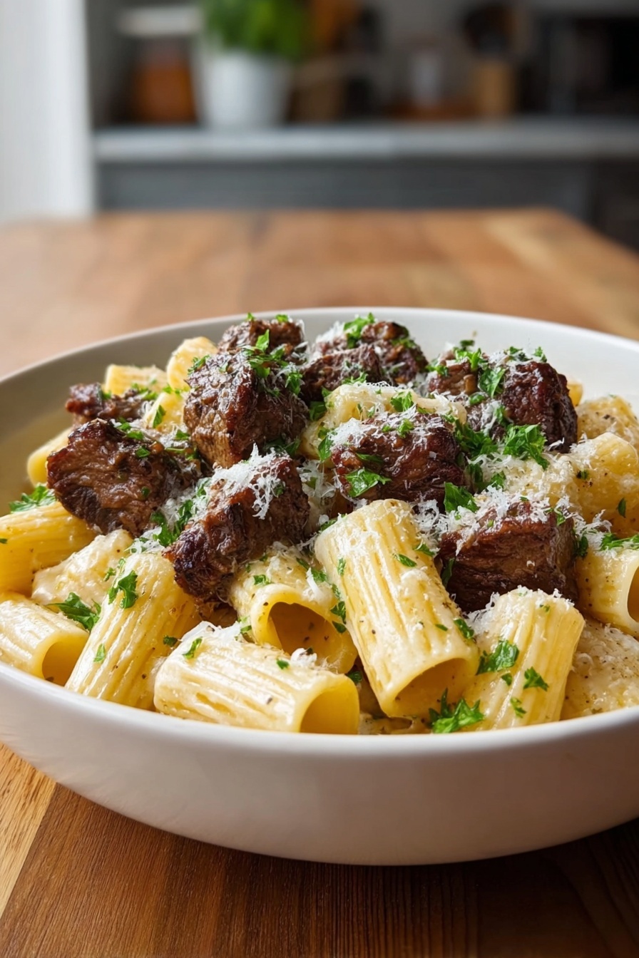 A white bowl filled with three layers of food. The bottom layer is creamy rigatoni pasta with a light yellow color and smooth texture. On top of the pasta, there are browned pieces of beef, roughly shaped and seared with a crispy outer surface and dark brown color. The whole dish is sprinkled with grated cheese that looks white and fine, along with small, bright green parsley leaves scattered evenly for a fresh look. The bowl sits on a wooden table with blurred neutral kitchen background. Photo taken with an iphone --ar 2:3 --v 7 - Cajun Steak Tips with Cheesy Rigatoni, Cajun steak tips, cheesy rigatoni recipe, spicy steak pasta, easy Cajun dinner