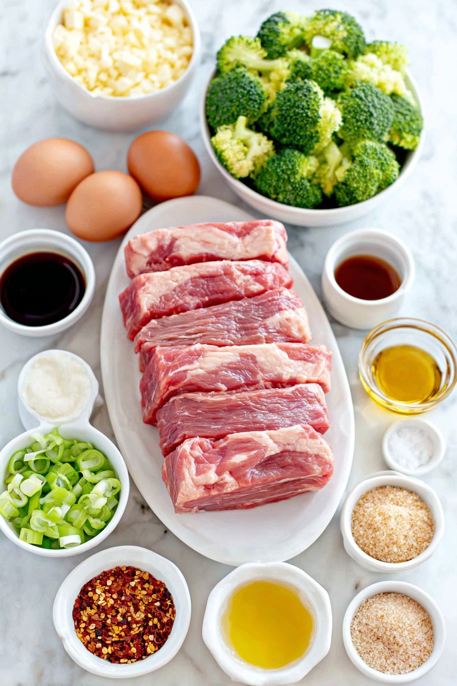 Flat lay of fresh raw flank steak slices arranged neatly on a simple white ceramic plate, a small white bowl of broccoli florets, a few green onions sliced thinly placed beside it, two whole uncracked brown eggs with clean shells, a small white bowl of freshly minced garlic, a small white bowl of light brown sugar, a small white bowl of soy sauce, a small white bowl of oyster sauce, a small white bowl of dark soy sauce, a small white bowl of black vinegar, a small white bowl of toasted sesame oil, a small white bowl of chicken broth, a small white bowl of cornstarch, a small white bowl of avocado oil, a small white bowl of red pepper flakes, a small white bowl of coarse salt, a small white bowl of freshly cracked black pepper, and a small white bowl containing baking soda, all placed on a clean white marble surface, soft natural light, photo taken with an iPhone, professional food photography style, fresh ingredients, white ceramic bowls, no bottles, no duplicates, no utensils, no packaging --ar 2:3 --v 7 --p m7354615311229779997 - Beef with Garlic Sauce, Chinese beef stir-fry, garlic sauce recipe, easy beef dinner, flavorful beef recipes