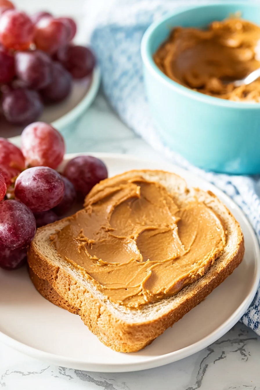 A white plate sits on a white marbled surface, holding one slice of light golden brown bread spread thickly with smooth, rich brown peanut butter. To the left of the bread are several shiny, plump dark red grapes. Behind the plate, a pale blue bowl filled with more peanut butter is visible. Soft natural light highlights the textures and colors in the scene. Photo taken with an iphone --ar 2:3 --v 7 - Homemade Cookie Butter Spread, how to make cookie butter, homemade cookie spread, easy cookie butter recipe, homemade spread with cinnamon vanilla