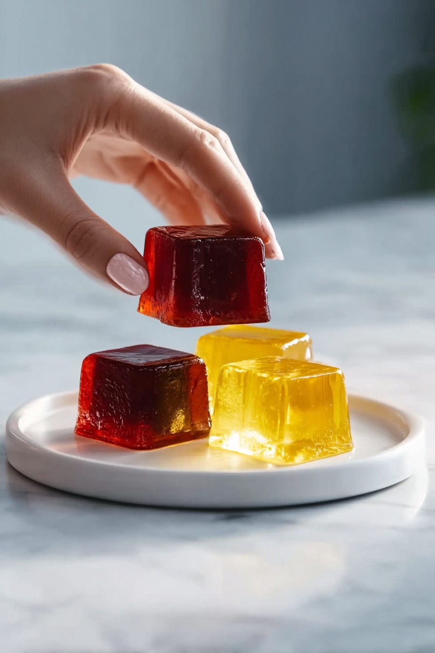 On a white plate with a white marbled surface beneath, there are three jelly squares arranged with two on the plate and one being held above by a woman's hand with light skin and painted nails. The jelly squares have clear, shiny textures with light glowing through them; two are dark red and one is bright yellow, all stacked or placed close together. The scene is soft-lit with a blurred background, giving a calm and clean look photo taken with an iphone --ar 2:3 --v 7 - Healthy Weight Loss Gelatin Drink, weight loss gelatin drink, healthy gelatin drink, low-calorie weight loss beverage, detox gelatin drink