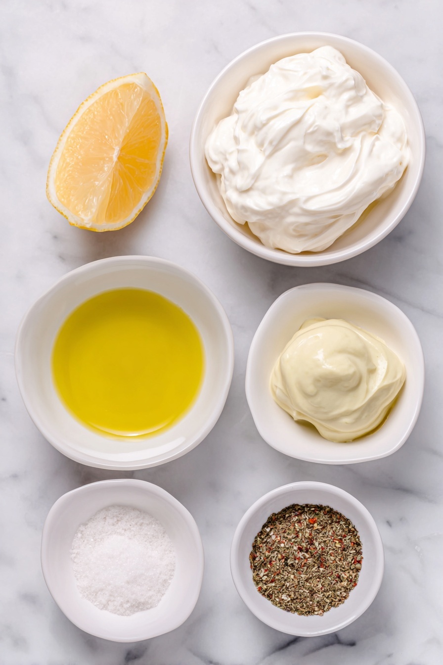 Flat lay of creamy white mayonnaise dollop, a small white ceramic bowl with bright yellow freshly squeezed lemon juice, a small white ceramic bowl filled with golden olive oil, a small white ceramic bowl holding smooth pale yellow Dijon mustard, a small white ceramic bowl with fine white garlic powder, a small white ceramic bowl of fine white salt, a small white ceramic bowl containing freshly ground black pepper, all arranged symmetrically and naturally fresh, placed on a clean white marble surface, soft natural light, photo taken with an iPhone, professional food photography style, fresh ingredients, white ceramic bowls, no bottles, no duplicates, no utensils, no packaging --ar 2:3 --v 7 --p m7354615311229779997 - Creamy Lemon Salad Dressing, lemon salad dressing, easy salad dressing, homemade salad dressing, keto salad dressing