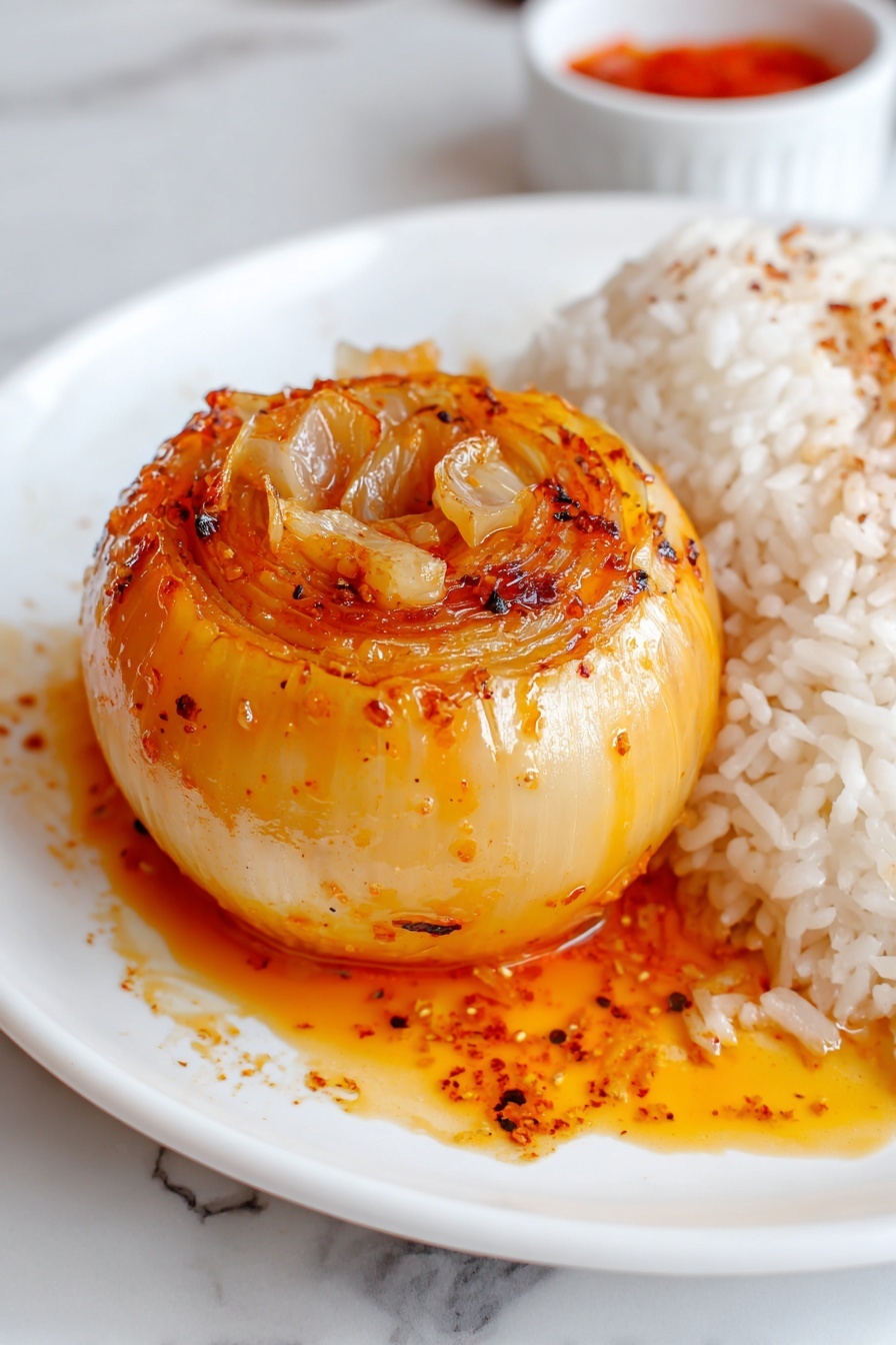 A whole cooked onion sits on a white plate, glazed with shiny orange sauce speckled with black and red spices, and small pieces of cooked onion visible through the top center. To the right of the onion, there is a mound of white fluffy rice with some sauce soaking into its edges. The plate rests on a white marbled surface, and in the background, a small white bowl with red sauce can be faintly seen. Photo taken with an iphone --ar 2:3 --v 7 - Viral TikTok Roast Onion, TikTok onion side dish, caramelized onion recipe, easy roasted onion, flavorful onion appetizer