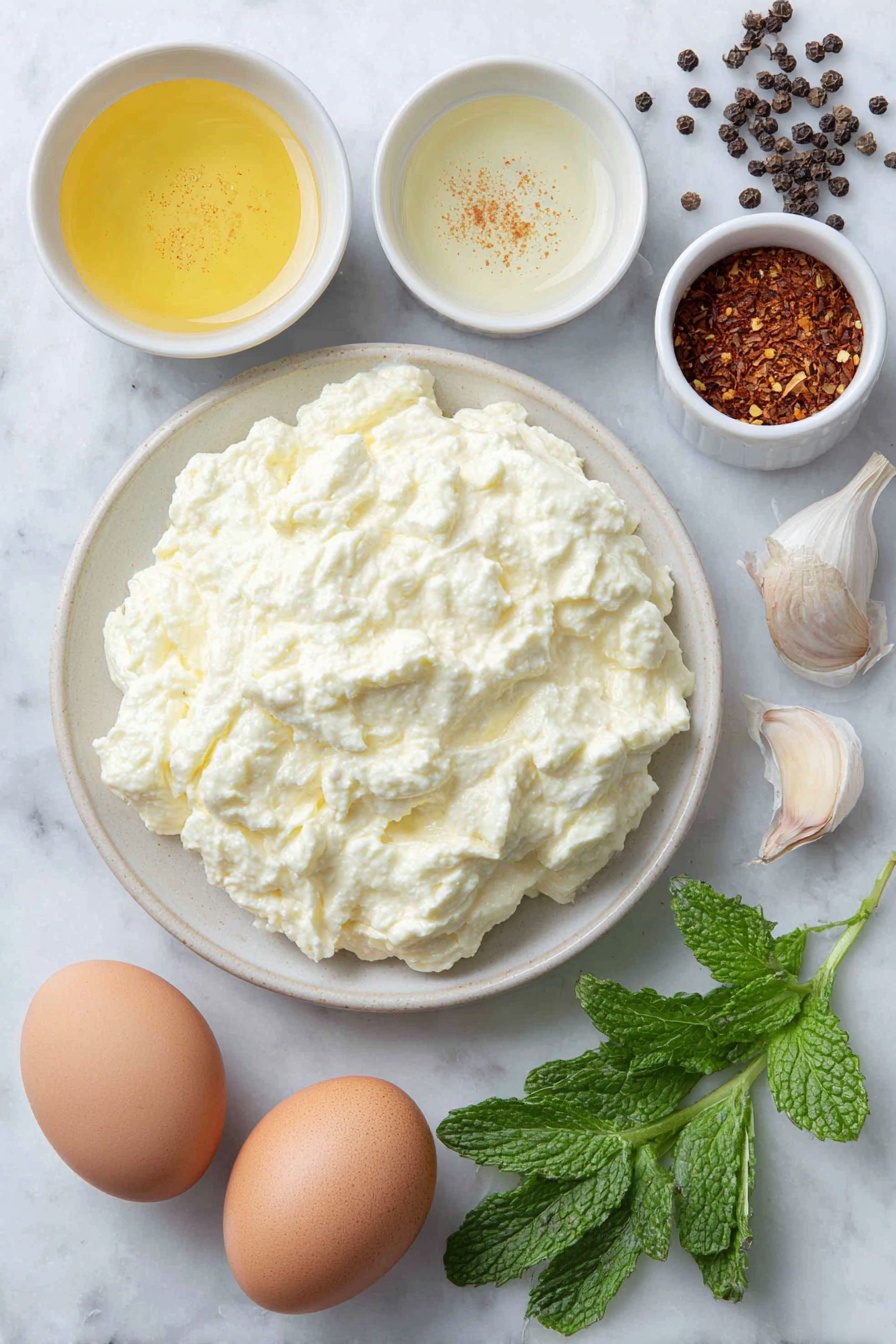 Flat lay of a small mound of creamy Turkish yogurt on a simple white ceramic plate, a few sprigs of fresh dill and fresh mint leaves arranged neatly beside it, a small white bowl with melted golden butter, a small white bowl filled with bright red chili flakes, a small white bowl containing smoked paprika powder, two whole brown eggs with clean shells placed side by side, a small white bowl with clear vinegar, and a halved garlic clove next to a few scattered black peppercorns, all placed on a clean white marble surface, soft natural light, photo taken with an iPhone, professional food photography style, fresh ingredients, white ceramic bowls, no bottles, no duplicates, no utensils, no packaging --ar 2:3 --v 7 --p m7354615311229779997 - Turkish Eggs with Spiced Yogurt, Turkish Eggs, Spiced Yogurt Breakfast, Mediterranean Egg Recipes, Brunch Ideas with Yogurt