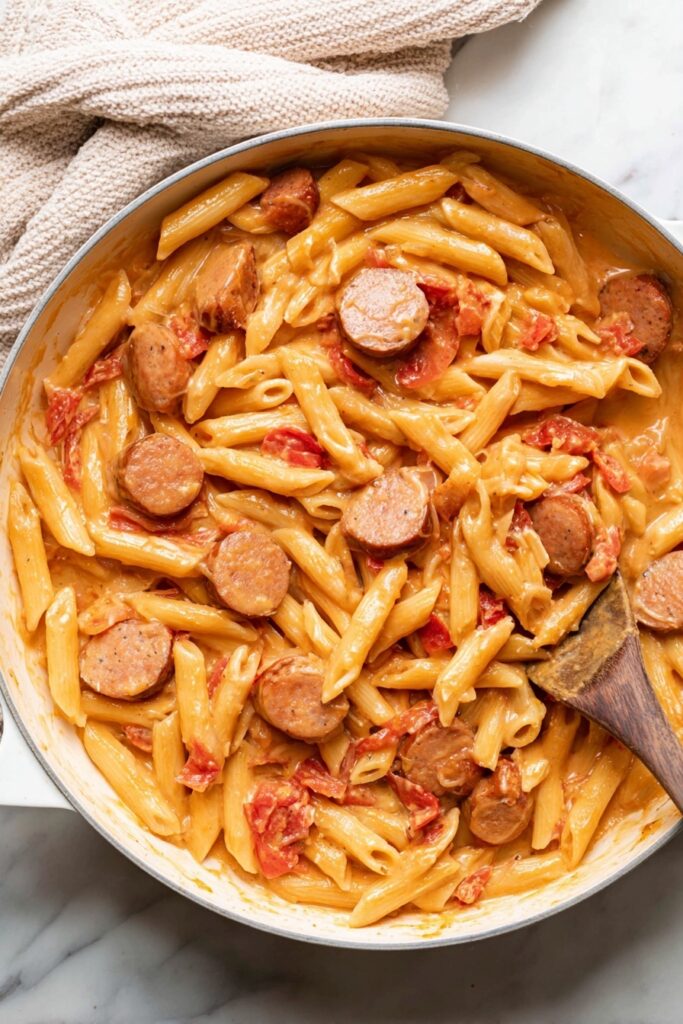 Cheesy Kielbasa Pastapermalink Recipe