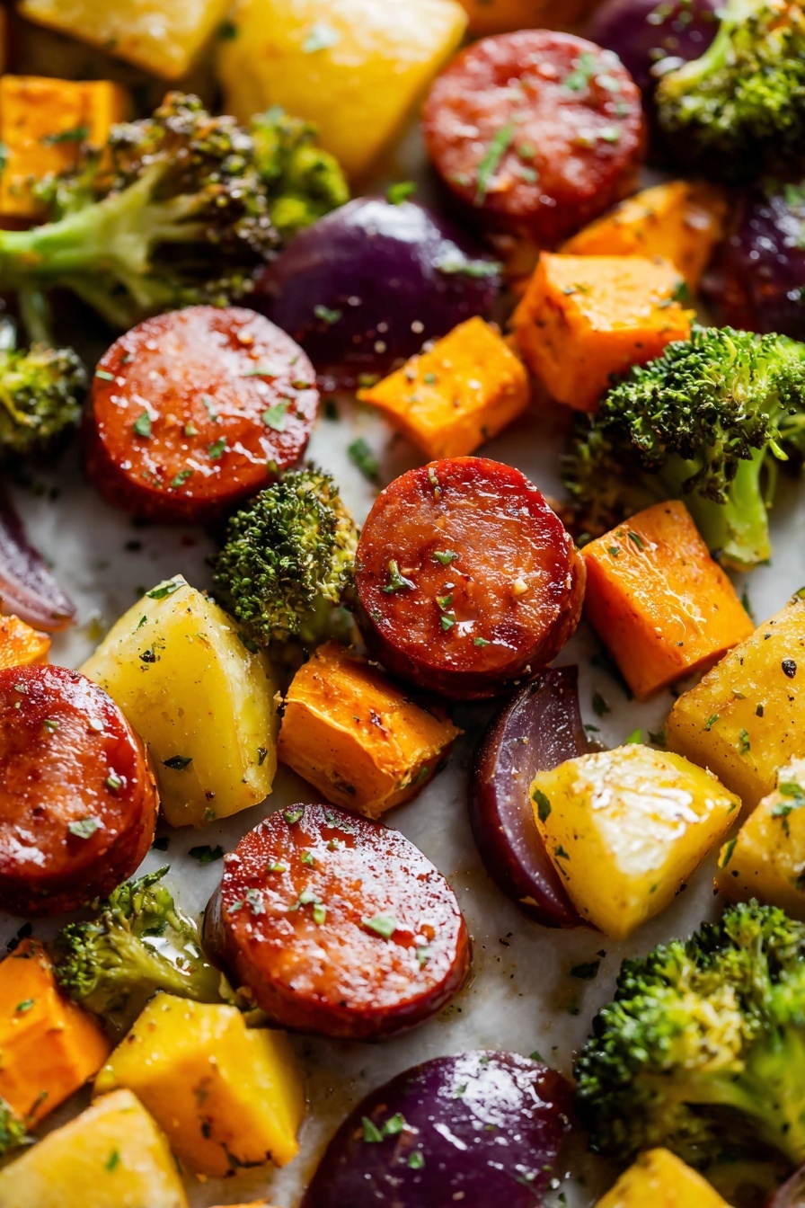 The image shows a close-up view of roasted vegetables and sausage slices on a white marbled surface. There are round, glossy, reddish-brown sausage slices with a slight glaze, surrounded by small cubes of bright orange sweet potatoes and chunks of yellow and purple potatoes with a roasted texture. Small, vibrant green broccoli florets are scattered among the vegetables and sausage, adding contrast in color and texture. The mixture has a light coating of herbs and seasoning, giving it a slightly shiny and tasty look. Photo taken with an iphone --ar 2:3 --v 7 - Honey Garlic Kielbasa Sheet Pan Dinner, easy Kielbasa sheet pan recipe, weeknight dinner ideas, one pan sausage and vegetables, quick honey garlic dinner