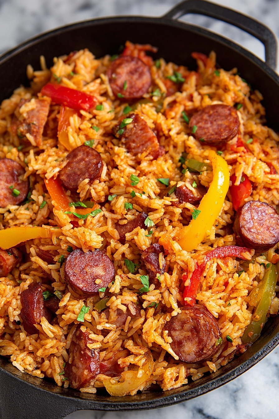A close-up of a black cast iron pan filled with cooked rice mixed with slices of reddish-brown sausage and thin strips of red and yellow bell peppers. The rice is orange-tinted, showing it is well-mixed with spices, and there are small green herb bits scattered throughout. The food looks scattered but well combined, with some pieces of sausage slightly browned on the edges for texture. The pan sits on a white marbled surface. photo taken with an iphone --ar 2:3 --v 7 - Savory Sausage and Rice Skillet, hearty skillet dinner, quick weeknight meal, easy sausage rice recipe, one-pan sausage and rice