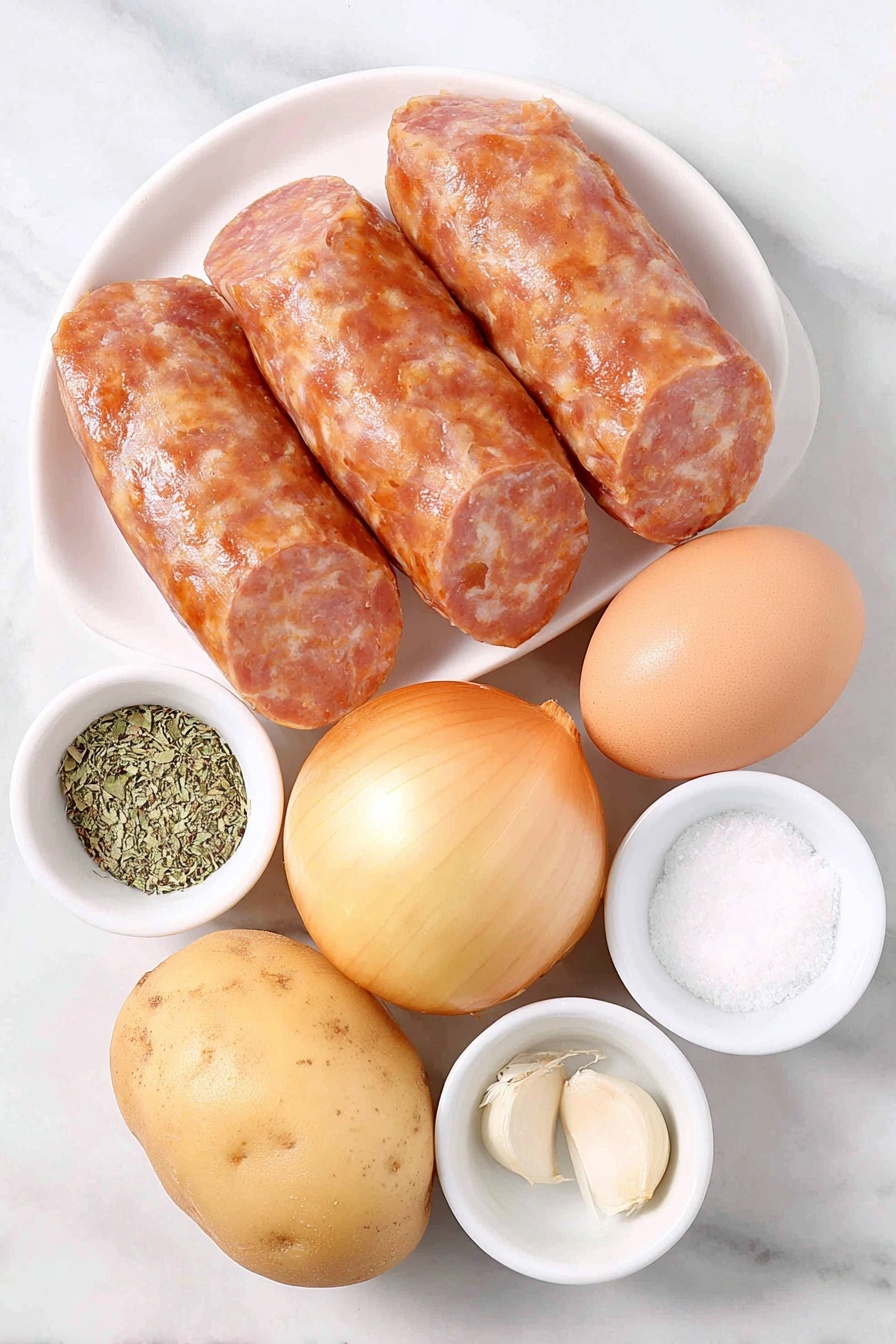 Flat lay of a few slices of fresh kielbasa sausage with a reddish-brown casing, five medium-sized unpeeled russet potatoes, one whole Vidalia onion with shiny golden skin, a single uncracked brown egg with a smooth shell, one garlic clove with papery white skin, a small white bowl of bright reddish paprika powder, a small white bowl of coarse kosher salt, and a small white bowl of dried green oregano leaves, all arranged in perfect symmetry on a simple white ceramic plate and bowls, placed on a clean white marble surface, soft natural light, photo taken with an iPhone, professional food photography style, fresh ingredients, white ceramic bowls, no bottles, no duplicates, no utensils, no packaging --ar 2:3 --v 7 --p m7354615311229779997 - Kielbasa and Potato Skillet, easy kielbasa recipes, quick dinner ideas, hearty skillet meals, comforting potato dishes