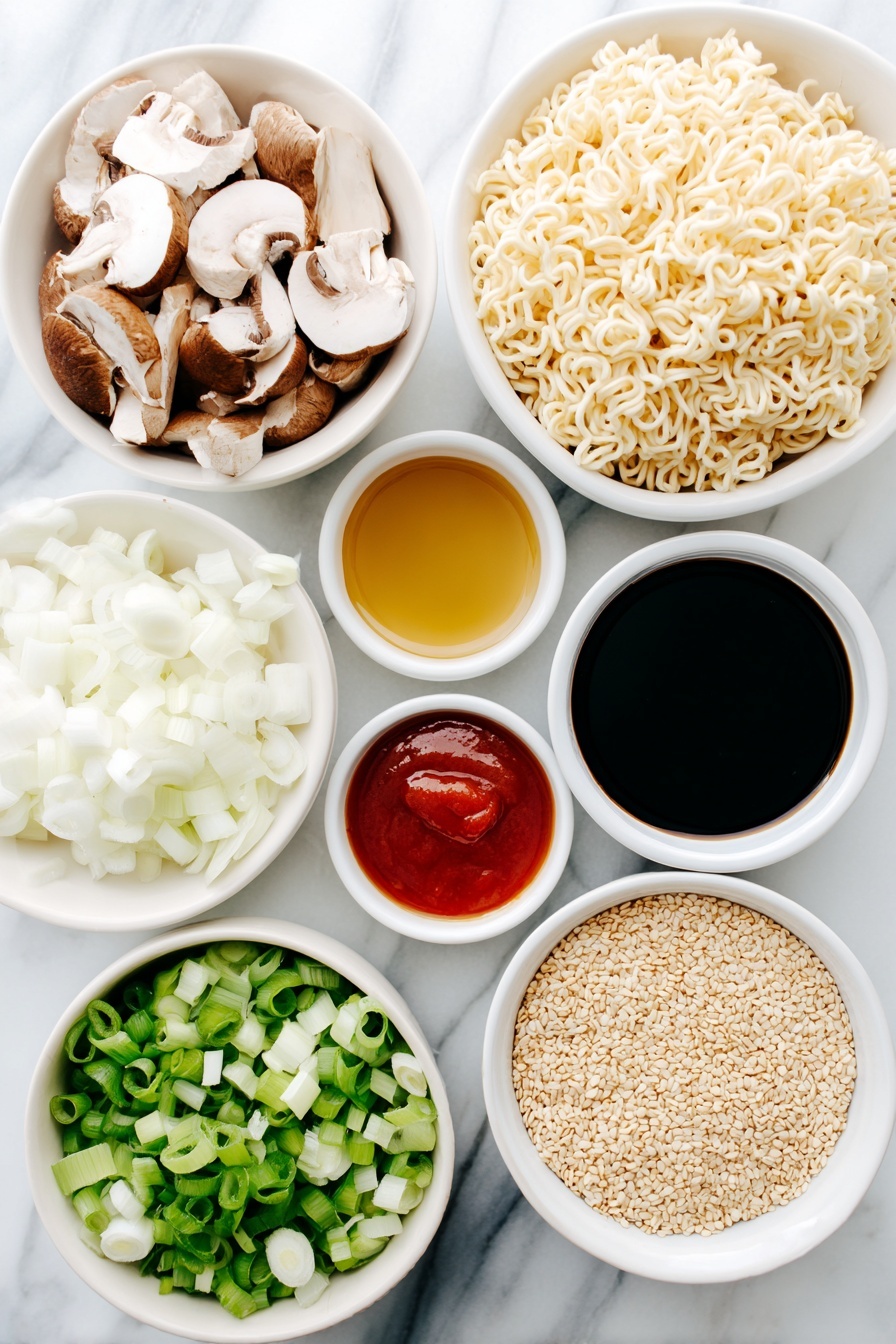 Flat lay of a small white ceramic bowl with golden cooking oil, a small white ceramic bowl of rich dark hoisin sauce, a small white ceramic bowl of bright red sriracha sauce, a small white ceramic bowl of light amber rice vinegar, a small white ceramic bowl of dark soy sauce, freshly sliced brown mushrooms spread neatly, neatly sliced white and purple onions, chopped fresh garlic cloves, two compact nests of uncooked curly ramen noodles, a handful of fresh green spring onions with white bulbs, a small white ceramic bowl filled with toasted light brown sesame seeds, all ingredients arranged symmetrically and balanced, placed on a clean white marble surface, soft natural light, photo taken with an iPhone, professional food photography style, fresh ingredients, white ceramic bowls, no bottles, no duplicates, no utensils, no packaging --ar 2:3 --v 7 --p m7354615311229779997 - Creamy Mushroom Ramen Noodles, mushroom ramen recipe, quick ramen dinner, savory mushroom noodle bowl, comforting mushroom ramen
