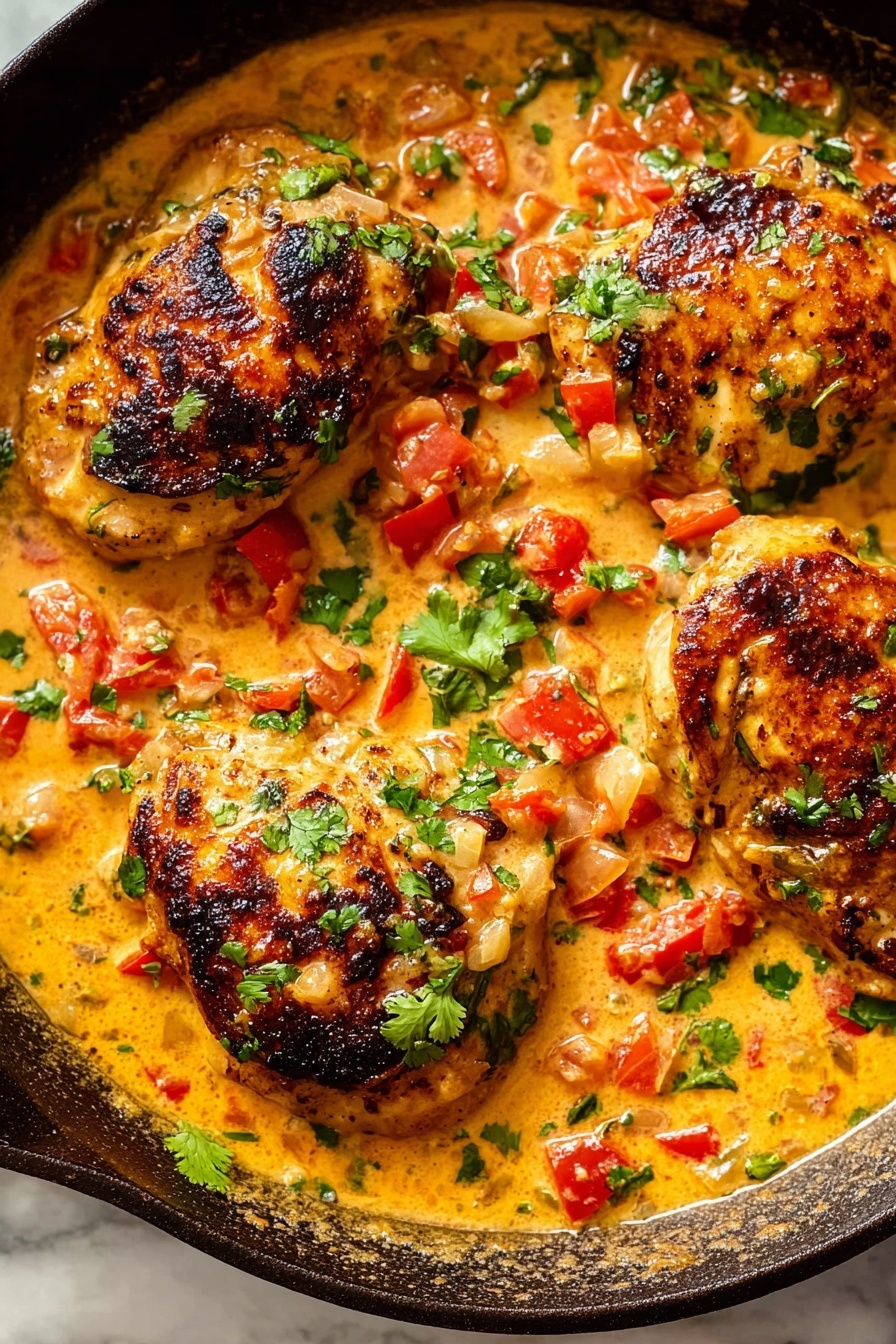 The image shows a skillet filled with four browned pieces of chicken in a creamy orange sauce. The sauce is creamy with visible red tomato chunks and small bits of onion mixed in. Fresh green herbs, likely cilantro or parsley, are scattered across the top and around the chicken, adding color contrast. The chicken pieces have a slightly charred look on some edges, giving a textured surface. The skillet is full and the creamy sauce almost covers the chicken, making it look rich and inviting. The background is a white marbled texture. Photo taken with an iphone --ar 2:3 --v 7 - Coconut Milk Chicken, Coconut Milk Chicken recipe, creamy chicken dinner, spicy coconut chicken, easy chicken curry