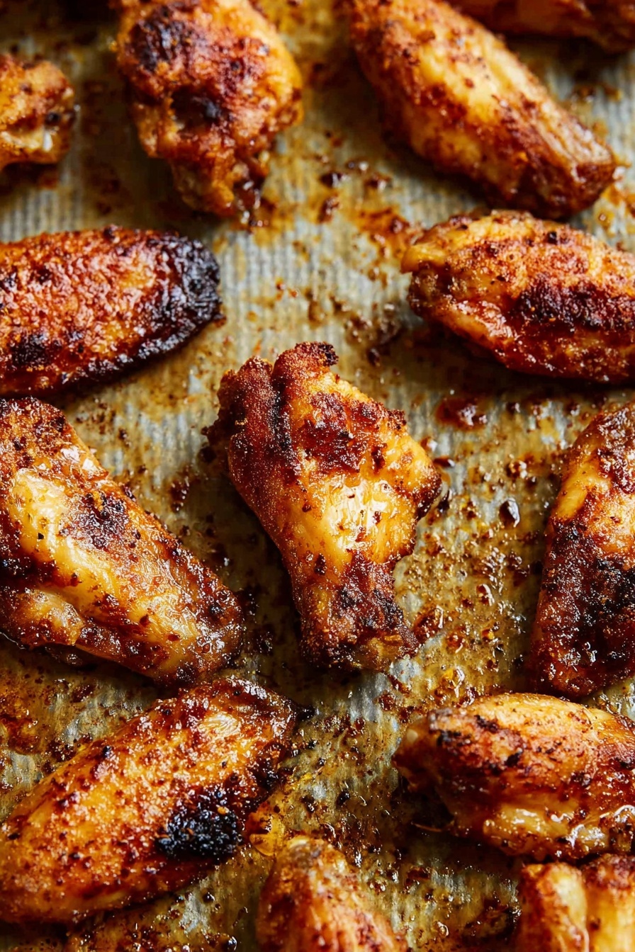 The image shows crispy, golden-brown chicken wings spread out evenly on a textured oven tray. Each wing has a slightly shiny, seasoned skin with areas of darker, caramelized spots where the spices and juices have cooked well, creating a rich crust. The tray underneath has small patches of cooked seasoning bits and oil, giving a rustic and appetizing look. The wings vary slightly in size and shape but are placed close together without overlapping. The background is a white marbled texture. photo taken with an iphone --ar 2:3 --v 7 - Baked Chicken Wings, crispy baked chicken wings, healthy chicken wings recipe, oven-baked chicken wings, flavorful chicken wing recipe