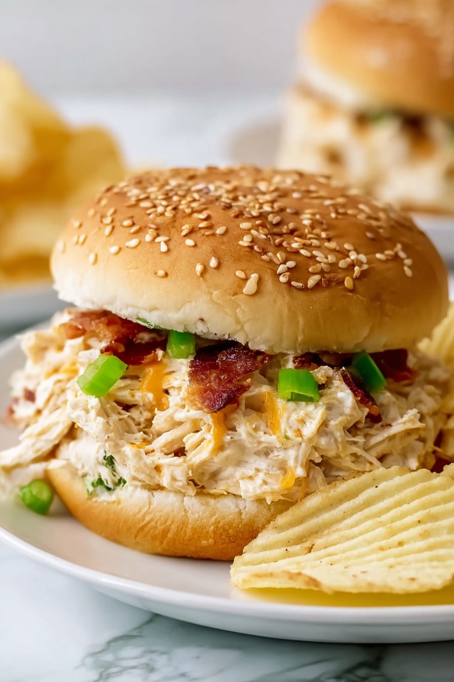 The image shows a close-up of a sandwich on a white plate with a white marbled surface background. The sandwich has a sesame seed bun with the top slightly tilted to the side, revealing the filling inside. The filling has several layers: shredded chicken mixed with a creamy sauce, small pieces of green onion, and bits of crispy bacon or similar meat with an orange tint, likely melted cheese, scattered throughout. In front of the sandwich, there are ridged potato chips resting on the plate. There is another sandwich blurred in the background. Photo taken with an iphone --ar 2:3 --v 7 - Crock Pot Crack Chicken, easy slow cooker chicken recipes, creamy cheesy bacon chicken, family-friendly Crock Pot meals, simple slow cooker dinner ideas