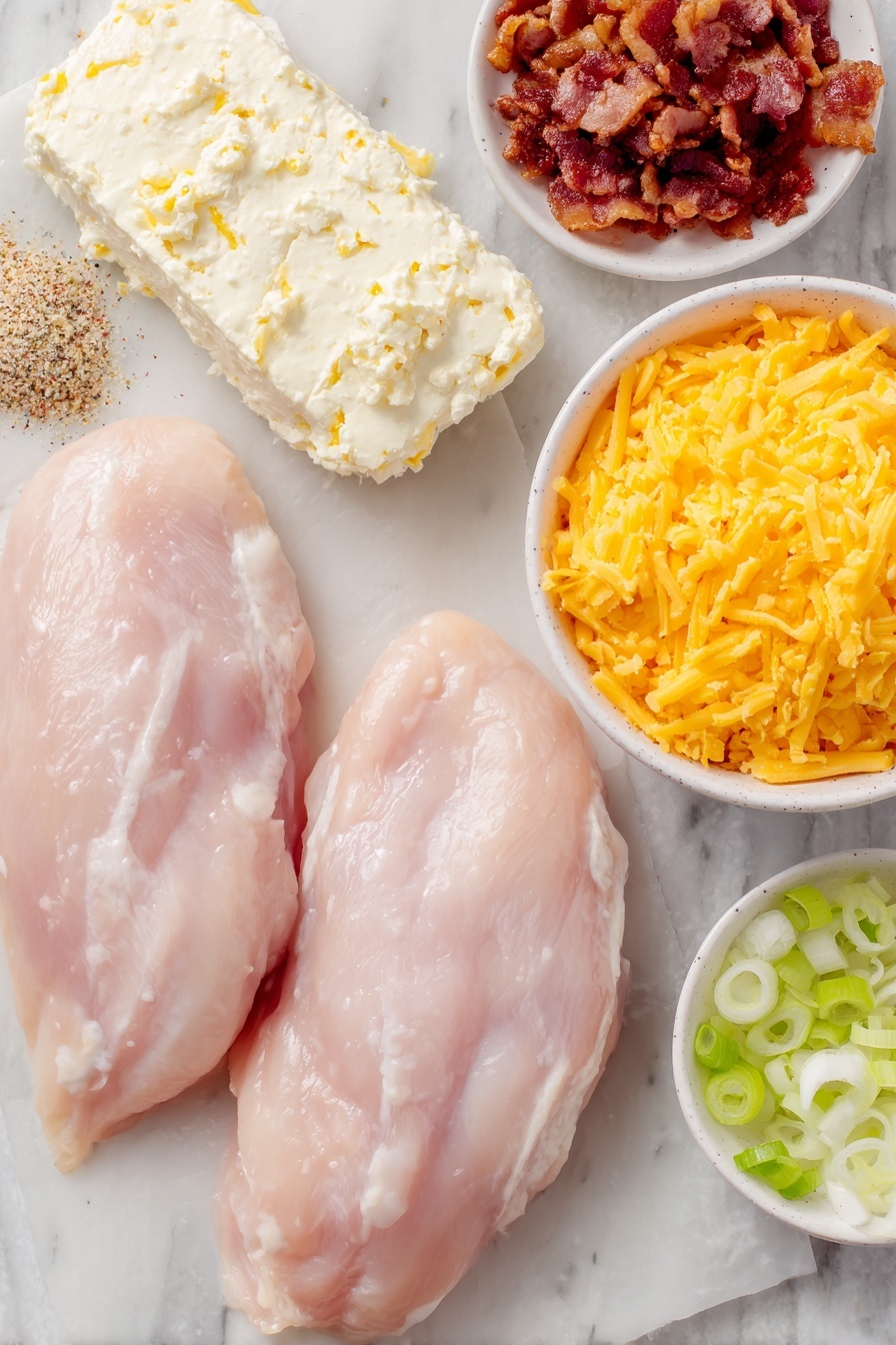 Flat lay of two whole uncut chicken breasts, an unopened small white ceramic bowl with a few sprigs of fresh green onions sliced beside it, a clean block of cream cheese on a simple white ceramic plate, a small white bowl filled with cooked crumbled bacon, a small white bowl of shredded bright orange cheddar cheese, an unopened packet of ranch dressing mix in a minimal plain white ceramic dish, and two soft plain buns, all arranged in perfect symmetry, placed on a clean white marble surface, soft natural light, photo taken with an iPhone, professional food photography style, fresh ingredients, white ceramic bowls, no bottles, no duplicates, no utensils, no packaging --ar 2:3 --v 7 --p m7354615311229779997 - Creamy Crockpot Crack Chicken, Crockpot Crack Chicken, Easy Crockpot Chicken Recipes, Comfort Food Chicken, Slow Cooker Chicken Dishes