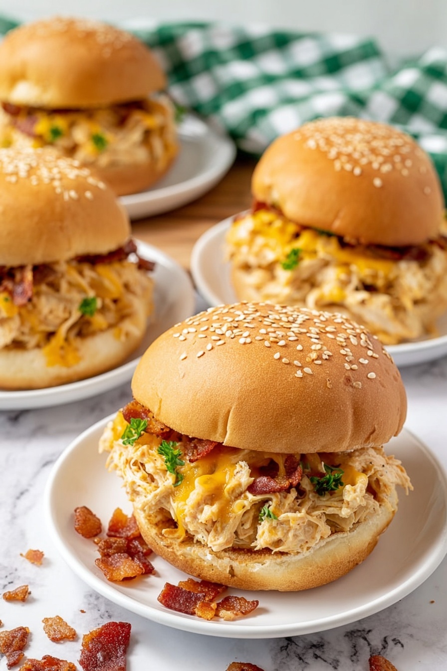 The image shows four chicken sandwiches on white plates placed on a wooden surface. Each sandwich has a soft sesame seed bun with a thick layer of shredded chicken mixed with melted yellow cheese and small pieces of reddish bacon. The chicken filling looks creamy and slightly textured, with bits of green herbs visible inside. One sandwich in the front is in clear focus with the filling spilling slightly over the bun edges, while the other three are in the blurred background. Scattered bacon bits and green herb pieces are visible around the plates, and a blue and white cloth is partially visible in the back. Photo taken with an iphone --ar 2:3 --v 7 - Creamy Crockpot Crack Chicken, Crockpot Crack Chicken, Easy Crockpot Chicken Recipes, Comfort Food Chicken, Slow Cooker Chicken Dishes