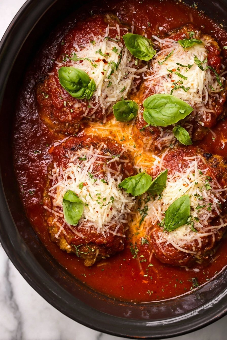 A white bowl holds a plate of spaghetti with tomato sauce as the first layer, showing long, smooth yellow noodles. On top, there is a thick reddish-brown meat layer covered with chunky tomato sauce with visible bits of herbs. The top has melted white cheese sprinkled with green herbs and a fresh green basil leaf in the center. The bowl is set on a white marbled surface with a gold spoon and fork on the side, and blurred green glasses and wooden pepper mills in the background. photo taken with an iphone --ar 2:3 --v 7 - Crockpot Chicken Parmesan, slow cooker chicken parmesan, easy chicken parmesan dinner, effortless crockpot recipes, cheesy chicken parmesan