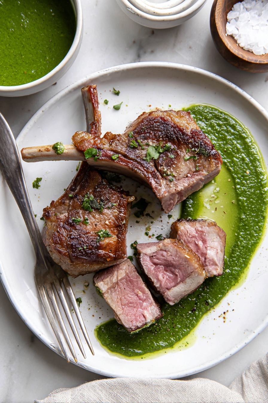 A white plate holds five pieces of cooked meat with a bone in the center piece; the meat has a browned outer layer with some herbs sprinkled on top, and the inside is pink and tender showing different shades of red and light brown. On the left side of the plate, there is a thick green sauce with a smooth texture. In the background, a small wooden bowl filled with coarse salt sits on a white marbled surface. A corner of a grey and white cloth is visible at the bottom of the image. photo taken with an iphone --ar 2:3 --v 7 - Garlic Herb Lamb Chops Marinade, lamb chops marinade, garlic herb lamb, marinade for lamb, flavorful lamb recipes