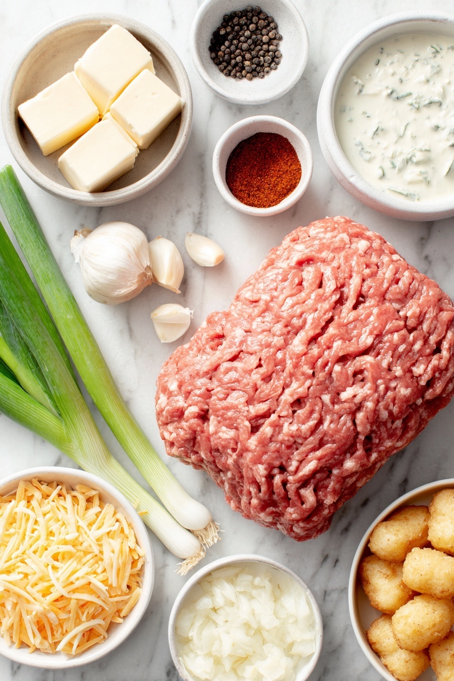 Flat lay of lean ground beef shaped into a neat mound, a small pat of salted butter, three fresh green onions whole with bright green stalks, one crisp green bell pepper diced, three peeled garlic cloves whole, a small white bowl of smoked paprika powder, a small white bowl of coarse salt, a small white bowl of black peppercorns, a small white bowl of sweet corn kernels, a small white bowl of black beans, a small white bowl of diced fresh tomatoes with green and red chili pieces (Rotel style), a small white bowl of full-fat sour cream, a small white bowl of whole milk, a small white bowl of low-sodium chicken broth, a pile of freshly shredded mozzarella cheese, a pile of freshly shredded cheddar cheese, and a neat layer of frozen tater tots arranged in a simple white ceramic dish, all placed on a clean white marble surface, soft natural light, photo taken with an iPhone, professional food photography style, fresh ingredients, white ceramic bowls, no bottles, no duplicates, no utensils, no packaging --ar 2:3 --v 7 --p m7354615311229779997 - Cowboy Casserole with Tater Tots, easy cowboy casserole, cheesy tater tot casserole, hearty family casseroles, comfort food recipes