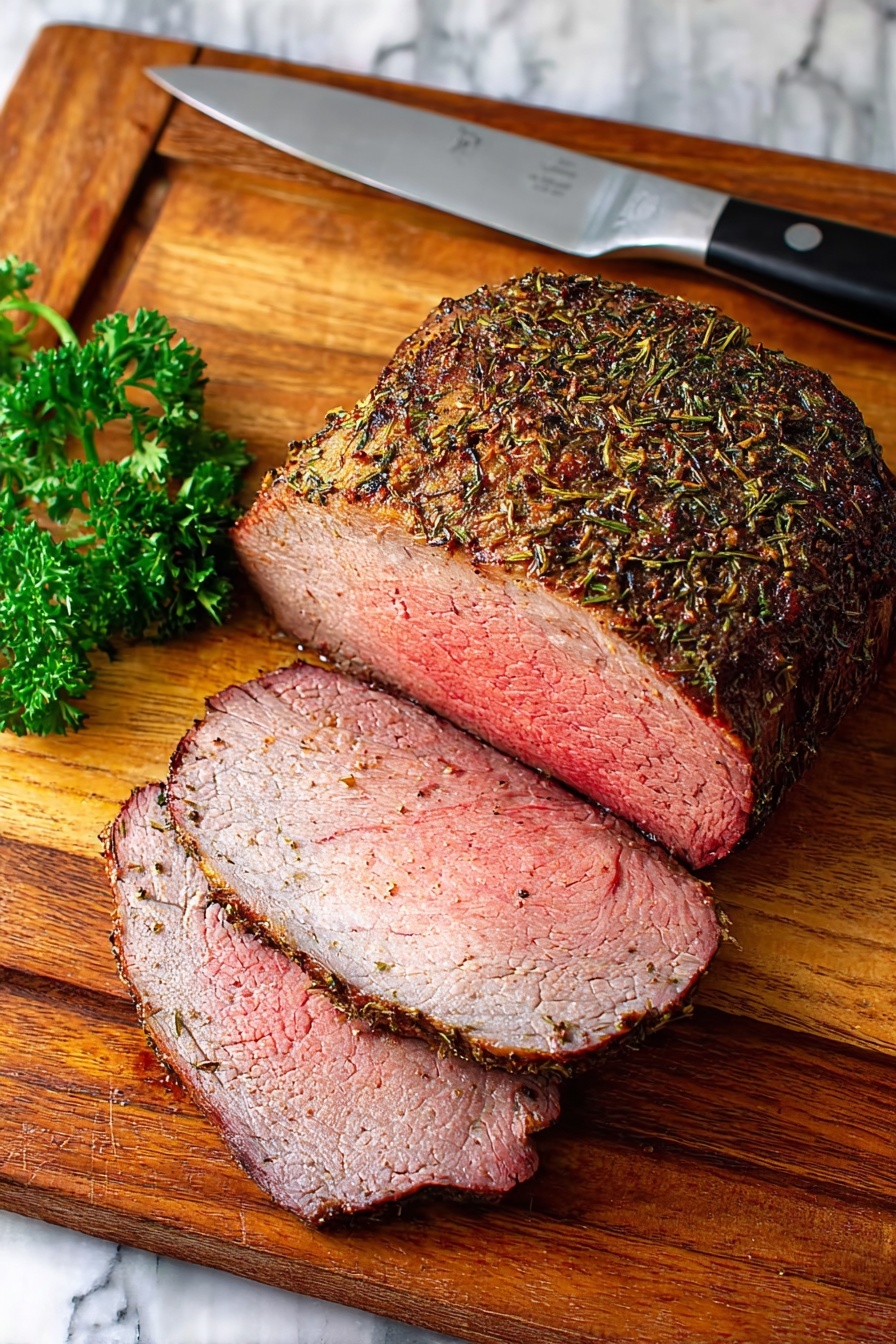 A thick piece of roast beef is on a wooden cutting board. The roast has a dark brown crust full of herbs and spices on top. Two slices of the beef lie in front, showing a pinkish-red inside with a gentle brown edge. A small bunch of green parsley is placed to the side of the meat. A sharp knife with a silver blade and black handle rests above the roast. The wooden board has a warm tone and lies on a white marbled surface. photo taken with an iphone --ar 2:3 --v 7 - Juicy Oven-Roasted Bottom Round Beef, bottom round beef roast, tender beef roast recipe, easy beef dinner, oven roasted beef