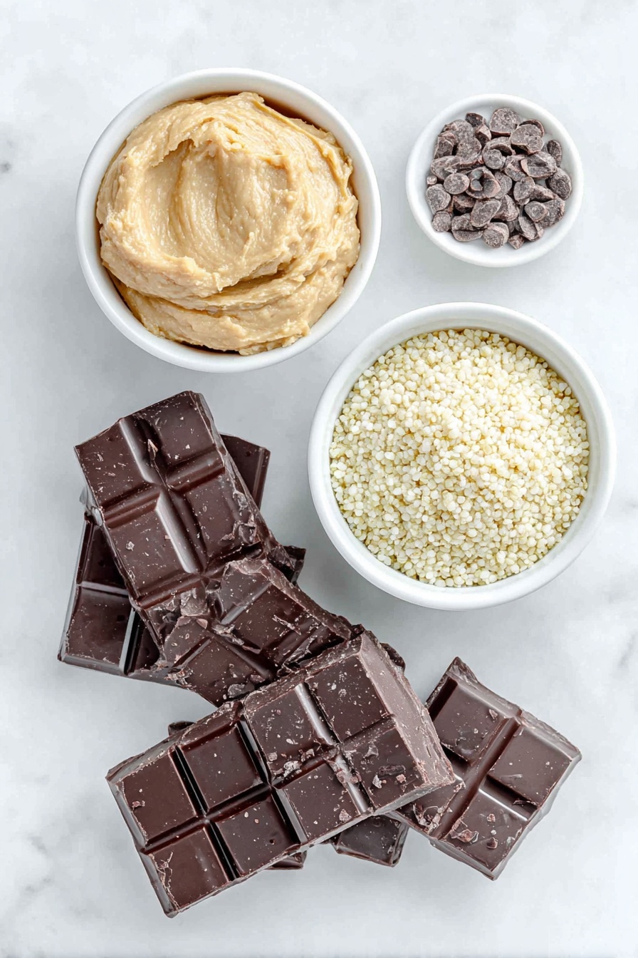 Flat lay of broken pieces of glossy dark chocolate, a smooth dollop of creamy cashew butter on a small white ceramic bowl, a small white ceramic bowl filled with light, airy popped quinoa, all arranged in perfect symmetry on a clean white marble surface, soft natural light, photo taken with an iPhone, professional food photography style, fresh ingredients, white ceramic bowls, no bottles, no duplicates, no utensils, no packaging --ar 2:3 --v 7 --p m7354615311229779997 - Chocolate Quinoa Bites, healthy quinoa snacks, easy chocolate bites, vegan quinoa treats, quick healthy energy bites