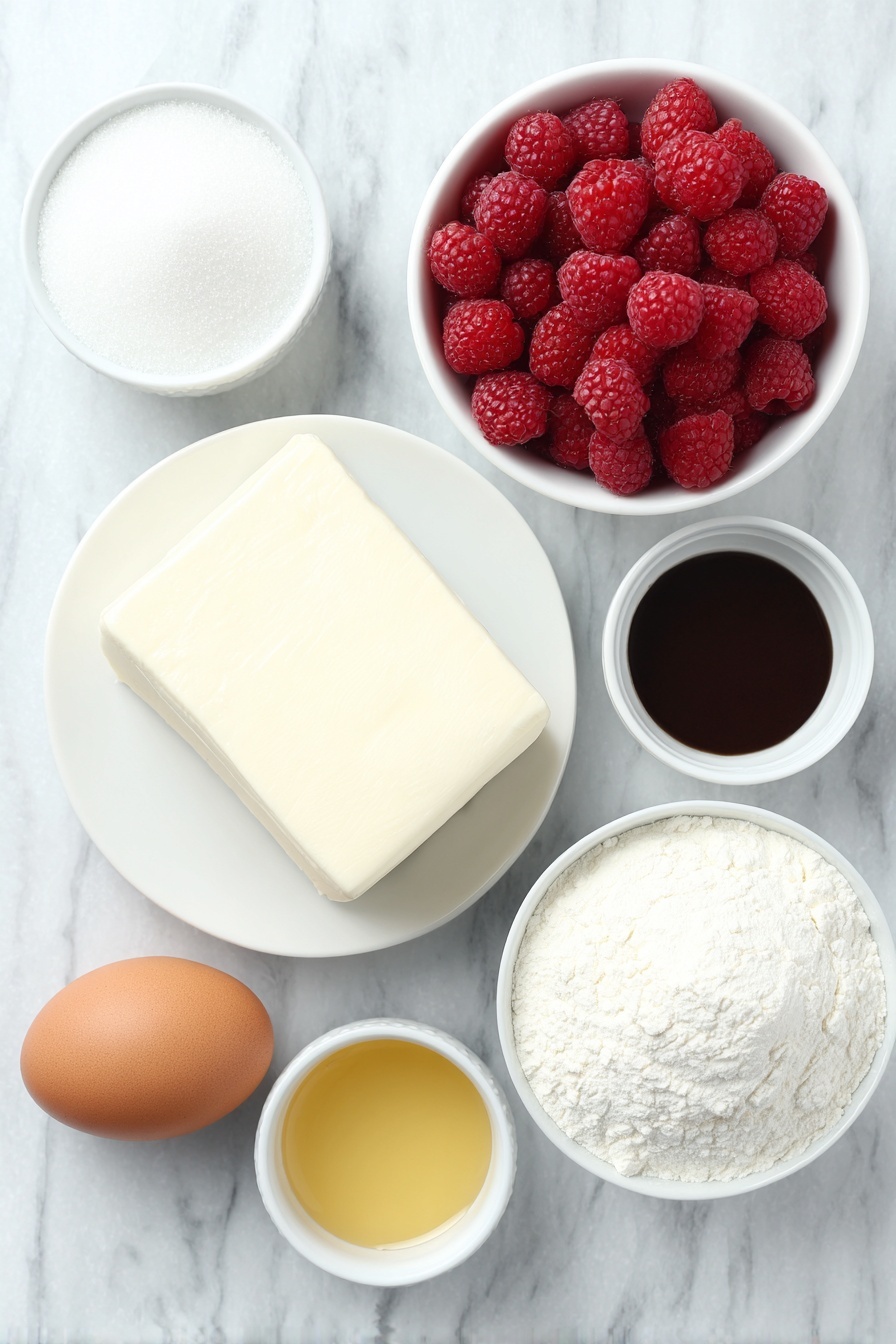 Flat lay of fresh raspberries scattered loosely, a small white ceramic bowl of granulated sugar, a whole large brown egg with a clean shell, a smooth block of cream cheese on a simple white ceramic plate, a small white ceramic bowl holding sifted Dutch-process cocoa powder, a small white ceramic bowl with all-purpose flour, a small white ceramic bowl filled with refined coconut oil, and a small white ceramic bowl containing golden vanilla extract, all arranged symmetrically with balanced spacing, placed on a clean white marble surface, soft natural light, photo taken with an iPhone, professional food photography style, fresh ingredients, white ceramic bowls, no bottles, no duplicates, no utensils, no packaging --ar 2:3 --v 7 --p m7354615311229779997 - Raspberry Heart Brownies with Cream Cheese Swirl, raspberry brownies, heart-shaped brownies, chocolate raspberry dessert, creamy cheesecake brownies