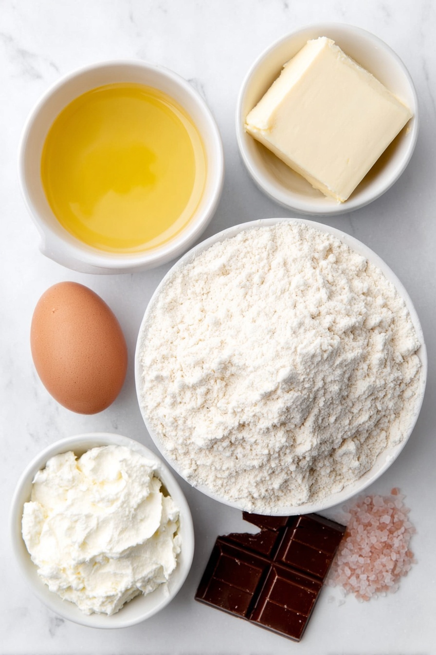Flat lay of a small mound of pale pink strawberry cake mix powder, a small white ceramic bowl with melted golden butter, one large whole egg with a clean shell, a small white ceramic bowl with soft white cream cheese, a few loose pink granulated sugar crystals scattered gently nearby, and a neat cluster of smooth milk chocolate Hershey’s Kisses with shiny foil removed, all arranged symmetrically in perfect balance on a clean white marble surface, soft natural light, photo taken with an iPhone, professional food photography style, fresh ingredients, white ceramic bowls, no bottles, no duplicates, no utensils, no packaging --ar 2:3 --v 7 --p m7354615311229779997 - Strawberry Kiss Cookies, strawberry cookies with chocolate kisses, fruity chocolate cookies, easy strawberry cookies, no-bake strawberry cookies
