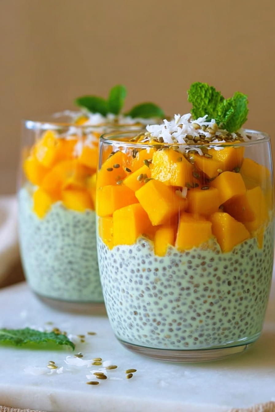 The image shows two clear glass cups filled with three layers. The bottom layer is a pale green creamy chia pudding with visible chia seeds. The middle layer consists of bright orange fresh mango cubes scattered throughout. The top layer has smaller mango pieces and is sprinkled with white coconut flakes and small seeds. A fresh green mint leaf decorates the top layer of each cup. The cups are placed on a white marbled surface with a blurred beige background. Photo taken with an iphone --ar 2:3 --v 7 - Vegan Mango Matcha Chia Pudding, healthy vegan chia pudding, tropical mango chia pudding, plant-based matcha dessert, vegan breakfast parfait