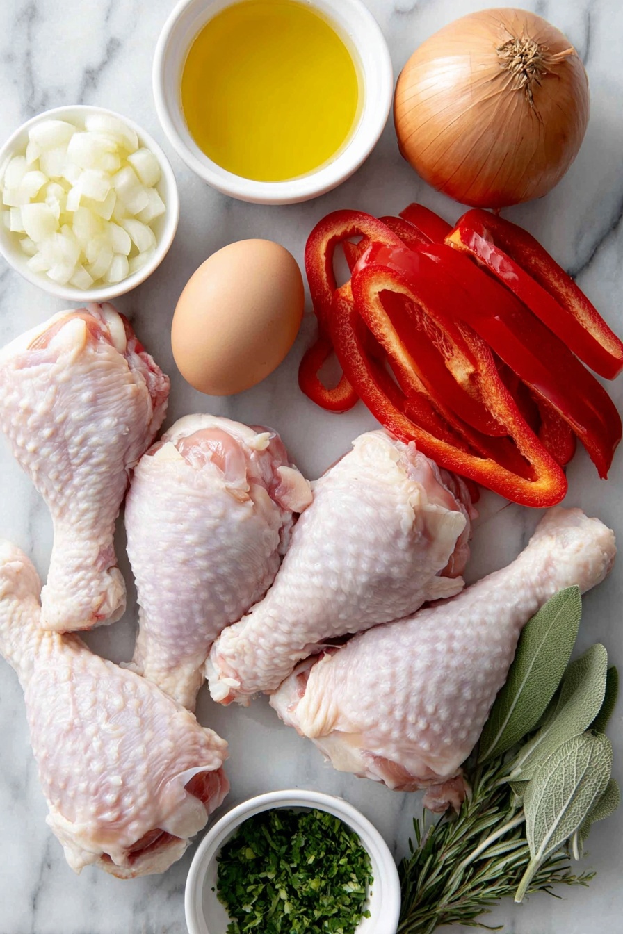 Flat lay of fresh bone-in, skin-on chicken legs and drumsticks arranged beside a whole uncracked brown egg, a medium yellow onion thinly sliced, a large red bell pepper sliced into strips, several peeled garlic cloves sliced, small white ceramic bowls containing extra-virgin olive oil, dry white wine, crushed whole peeled tomatoes with reserved juices, and sprigs of fresh rosemary and sage plus a bay leaf, alongside a small white ceramic bowl with minced flat-leaf parsley, all placed symmetrically on a clean white marble surface, soft natural light, photo taken with an iPhone, professional food photography style, fresh ingredients, white ceramic bowls, no bottles, no duplicates, no utensils, no packaging --ar 2:3 --v 7 --p m7354615311229779997 - Chicken Cacciatore, Italian Chicken Stew, hearty chicken dinner, rustic chicken recipes, easy Italian chicken