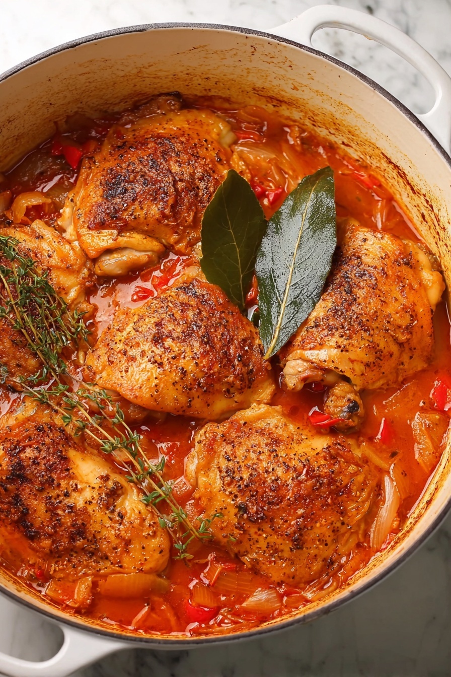 A white pot filled with five cooked chicken pieces partly covered by a rich orange-red sauce with bits of red peppers and onions visible. The chicken skin is browned and seasoned with black pepper, showing a textured surface. On top of the chicken, there is a sprig of fresh thyme and a large green bay leaf. The pot sits on a white marbled surface. photo taken with an iphone --ar 2:3 --v 7 - Chicken Cacciatore, Italian Chicken Stew, hearty chicken dinner, rustic chicken recipes, easy Italian chicken