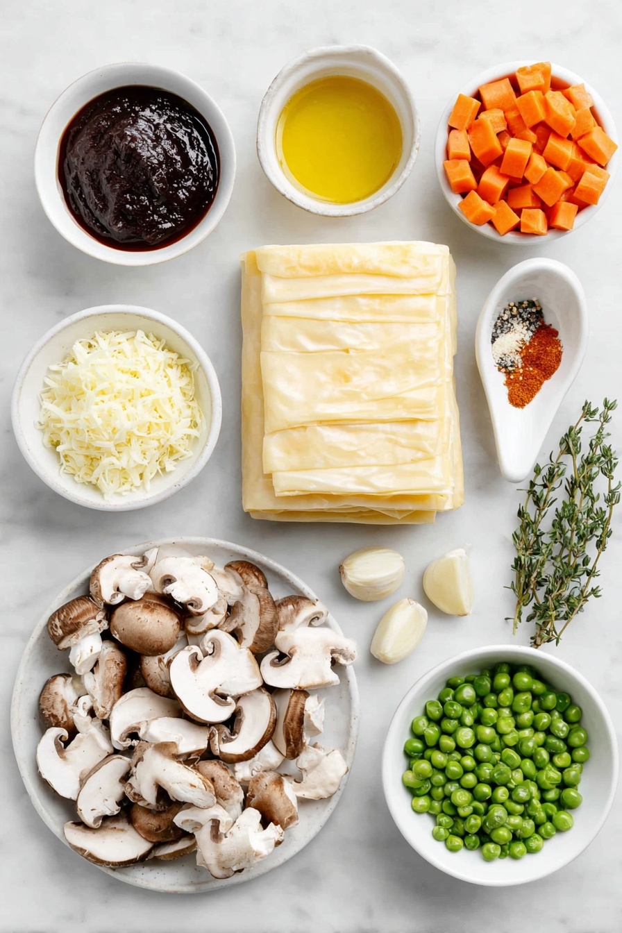 Flat lay of a single sheet of thawed puff pastry neatly folded on a simple white ceramic plate, a small white bowl filled with golden olive oil, a yellow onion finely diced on a white ceramic dish, fresh quartered cremini mushrooms arranged next to roughly chopped oyster mushrooms on a plain white ceramic platter, a small pile of diced bright orange carrots on a separate white dish, a dollop of deep red tomato paste on a white spoon-shaped ceramic dish, several peeled cloves of garlic scattered on a small white ceramic plate, fresh green thyme sprigs carefully placed beside a white bowl with a fine dusting of paprika powder, a small white bowl containing freshly ground black pepper, a few small gold potatoes diced on a white flat dish, a small white bowl of soaked raw cashews, a white ceramic bowl filled with clear vegetable broth, a small white bowl of frozen bright green peas, and a white ramekin of creamy non-dairy milk arranged in perfect symmetry, all ingredients fresh and natural, placed on a clean white marble surface, soft natural light, photo taken with an iPhone, professional food photography style, fresh ingredients, white ceramic bowls, no bottles, no duplicates, no utensils, no packaging --ar 2:3 --v 7 --p m7354615311229779997 - Mushroom Pot Pie with Puff Pastry, mushroom pot pie, creamy mushroom pie, savory puff pastry pie, mushroom filling recipe