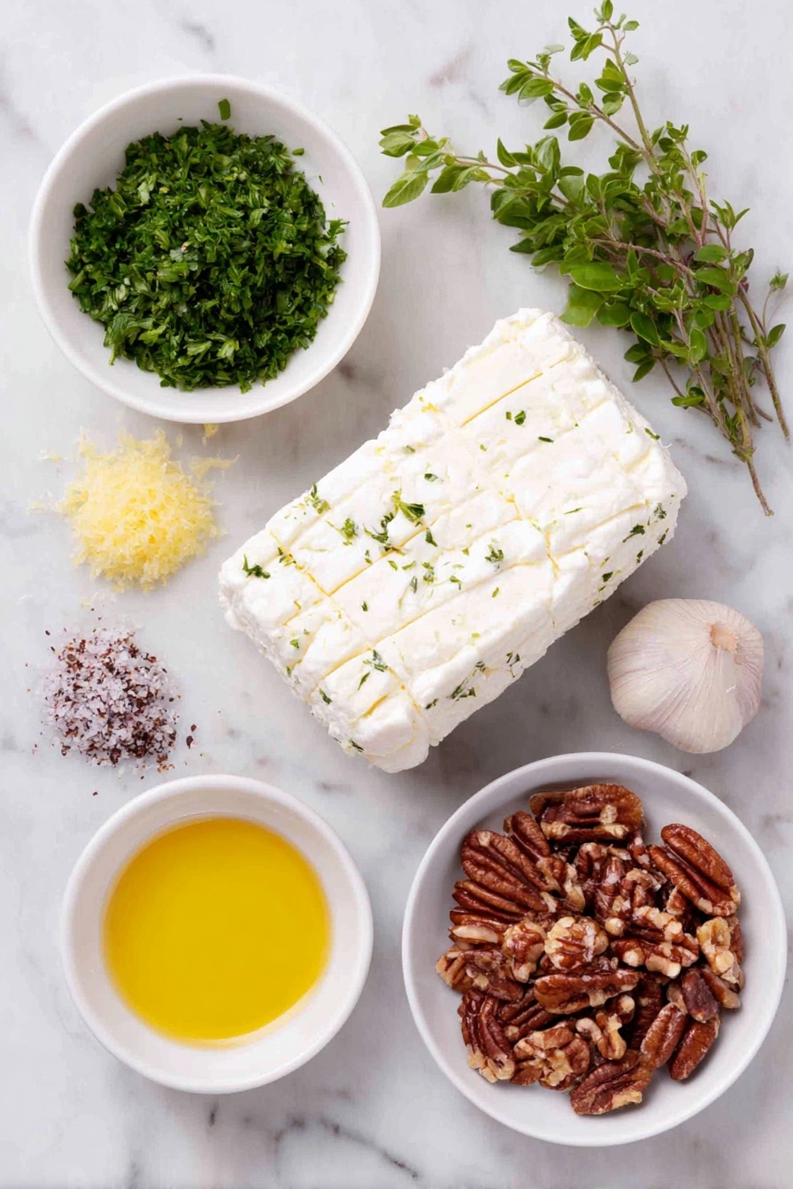 Flat lay of a whole soft fresh goat cheese log, a small bunch of finely chopped fresh chives, a few sprigs of finely chopped fresh parsley, a few fresh basil leaves, some fresh oregano leaves, one whole uncracked garlic clove, a small pile of lemon zest, a small pinch of salt, a small pinch of freshly cracked black pepper, a small pile of finely chopped pecans, a small white ceramic bowl with a drizzle of olive oil, all ingredients arranged in perfect symmetry on a clean white marble surface, soft natural light, photo taken with an iPhone, professional food photography style, fresh ingredients, white ceramic bowls, no bottles, no duplicates, no utensils, no packaging --ar 2:3 --v 7 --p m7354615311229779997 - Garlic Herb Cheese Log with Pecan Coating, appetizer recipes, cheese ball ideas, holiday party appetizers, easy cheese appetizer