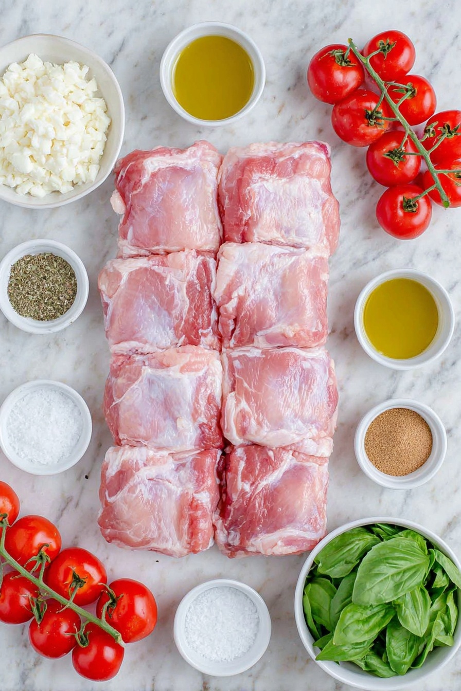 Flat lay of six raw skinless bone-in chicken thighs arranged neatly, a small white bowl of minced garlic, a small white bowl of dried oregano, a small white bowl of dried basil, a small white bowl of salt crystals, a small white bowl of cracked black pepper, a small white bowl of olive oil, a small white bowl of balsamic vinegar, a small white bowl of packed brown sugar, a cluster of whole fresh grape tomatoes, six slices of fresh mozzarella cheese, and a small white bowl filled with fresh chiffonade basil leaves, placed on a clean white marble surface, soft natural light, photo taken with an iPhone, professional food photography style, fresh ingredients, white ceramic bowls, no bottles, no duplicates, no utensils, no packaging --ar 2:3 --v 7 --p m7354615311229779997 - Balsamic Glazed Caprese Chicken, Caprese Chicken with Balsamic Glaze, Easy Balsamic Chicken, Italian Chicken Dinner, Quick Caprese Chicken Recipe