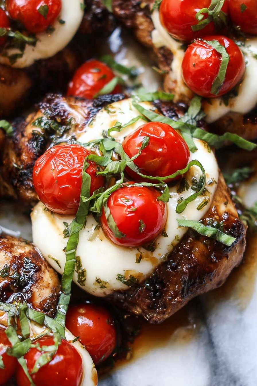 The image shows grilled chicken pieces topped with smooth, white melted cheese. Each chicken piece is dark brown with grill marks and herbs visible on the surface. On top of the cheese layer, there are halved cherry tomatoes that are bright red and glossy. Thin strips of fresh green basil leaves are scattered over the tomatoes, adding a fresh touch. There is a shiny glaze or sauce around the chicken, making the dish look moist. The background is a white marbled surface. photo taken with an iphone --ar 2:3 --v 7 - Balsamic Glazed Caprese Chicken, Caprese Chicken with Balsamic Glaze, Easy Balsamic Chicken, Italian Chicken Dinner, Quick Caprese Chicken Recipe