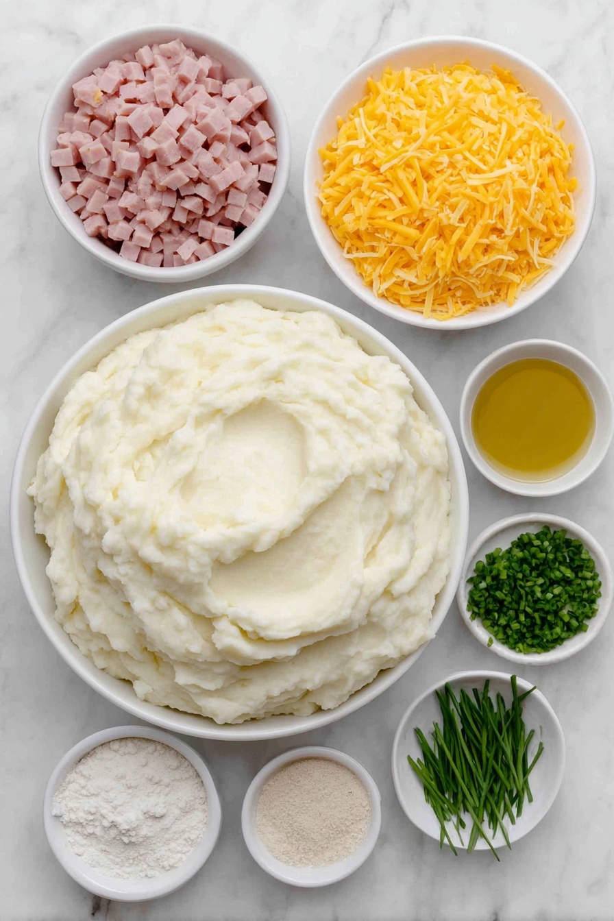 Flat lay of a large white ceramic bowl filled with smooth, creamy leftover mashed potatoes, a small white ceramic bowl of finely diced pink ham, a small white ceramic bowl heaped with bright orange shredded cheddar cheese, a small white ceramic bowl holding thinly sliced fresh green chives, a small white ceramic bowl containing pale beige garlic powder, a small white ceramic bowl with fine white all-purpose flour, and a small white ceramic bowl filled with golden vegetable oil, all perfectly arranged in balanced symmetry, placed on a clean white marble surface, soft natural light, photo taken with an iPhone, professional food photography style, fresh ingredients, white ceramic bowls, no bottles, no duplicates, no utensils, no packaging --ar 2:3 --v 7 --p m7354615311229779997 - Ham and Cheese Potato Croquettes, cheesy ham croquettes, potato croquettes with ham and cheese, quick appetizer recipes, crispy snack ideas