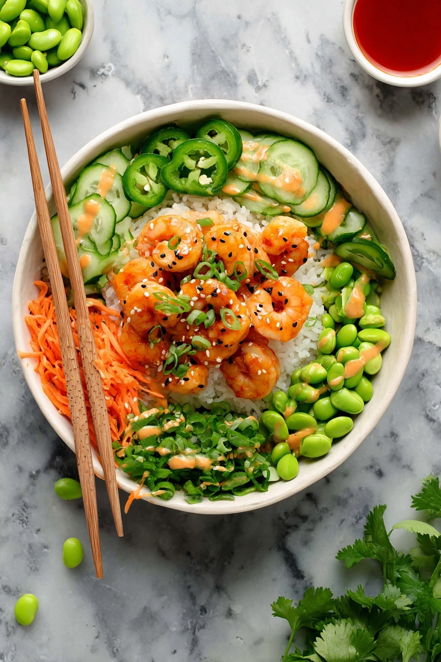 A white bowl on a white marbled surface holds a colorful shrimp rice bowl. The bottom layer is white rice, topped with bright orange cooked shrimp glazed with sauce and sprinkled with green scallions and black sesame seeds in the center. Around the shrimp, there are thin slices of green jalapeño peppers on the top left, thin cucumber slices drizzled with a light orange sauce on the top right, bright green edamame beans on the lower right, shredded orange carrots on the lower left, and some fresh cilantro leaves on the far left. Light brown wooden chopsticks rest on the left side of the bowl with a couple of loose green edamame beans nearby. Parts of two small bowls with red sauce and edamame are seen at the top of the image. There is fresh cilantro at the bottom of the scene. The photo taken with an iphone --ar 2:3 --v 7 - Spicy Shrimp Rice Bowls, quick shrimp bowl recipe, flavorful shrimp rice dish, easy spicy seafood bowls, protein-packed rice bowl