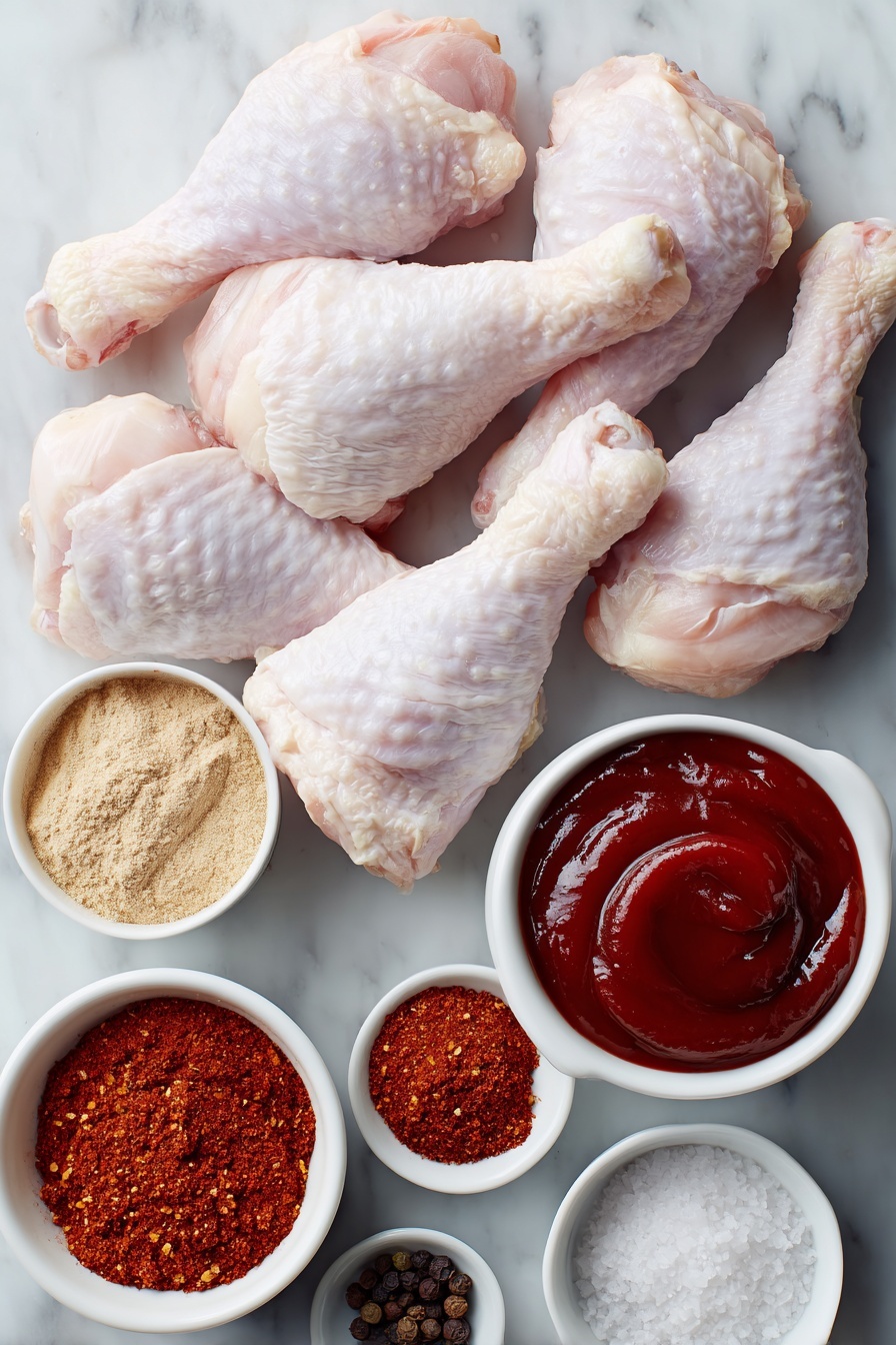 Flat lay of raw chicken drumsticks with smooth, pale skin arranged neatly, a small white ceramic bowl of vibrant deep red BBQ sauce, a small white bowl filled with fine orange-red smoked paprika powder, another small bowl containing light brown garlic powder, a small white bowl with pale beige onion powder, a small bowl of rich reddish-brown chili powder, a small bowl holding pale tan ground ginger, a small white bowl with coarse white salt crystals, a small bowl with whole black peppercorns, all placed symmetrically on a clean white marble surface, soft natural light, photo taken with an iPhone, professional food photography style, fresh ingredients, white ceramic bowls, no bottles, no duplicates, no utensils, no packaging --ar 2:3 --v 7 --p m7354615311229779997 - Baked BBQ Chicken Drumsticks, BBQ Chicken Drumsticks, Easy Chicken Recipes, Oven Baked Chicken, Juicy BBQ Chicken