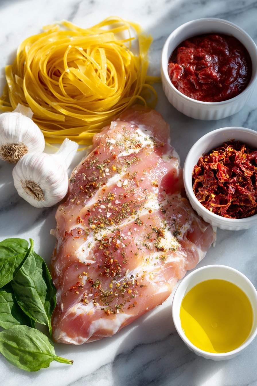 Flat lay of a sliced raw chicken breast lightly dusted with smoked paprika and oregano, three whole uncracked garlic cloves, a small white ceramic bowl with a rich red tomato puree, a small white ceramic bowl of golden sun dried tomato oil, a small white ceramic bowl with smooth butter, a small white ceramic bowl of creamy double/heavy cream, a small white ceramic bowl with clear chicken stock, a mound of uncooked linguine pasta strands neatly arranged, a small pile of finely diced sun dried tomatoes, a small heap of freshly grated parmesan cheese, a small bunch of vibrant fresh basil leaves finely diced, and a handful of fresh baby spinach leaves, all placed on a clean white marble surface, soft natural light, photo taken with an iPhone, professional food photography style, fresh ingredients, white ceramic bowls, no bottles, no duplicates, no utensils, no packaging --ar 2:3 --v 7 --p m7354615311229779997 - Creamy Tuscan Chicken Pasta, Tuscan Chicken Pasta, Creamy Chicken Pasta, Easy Tuscan Pasta, Chicken Pasta with Sun-Dried Tomatoes