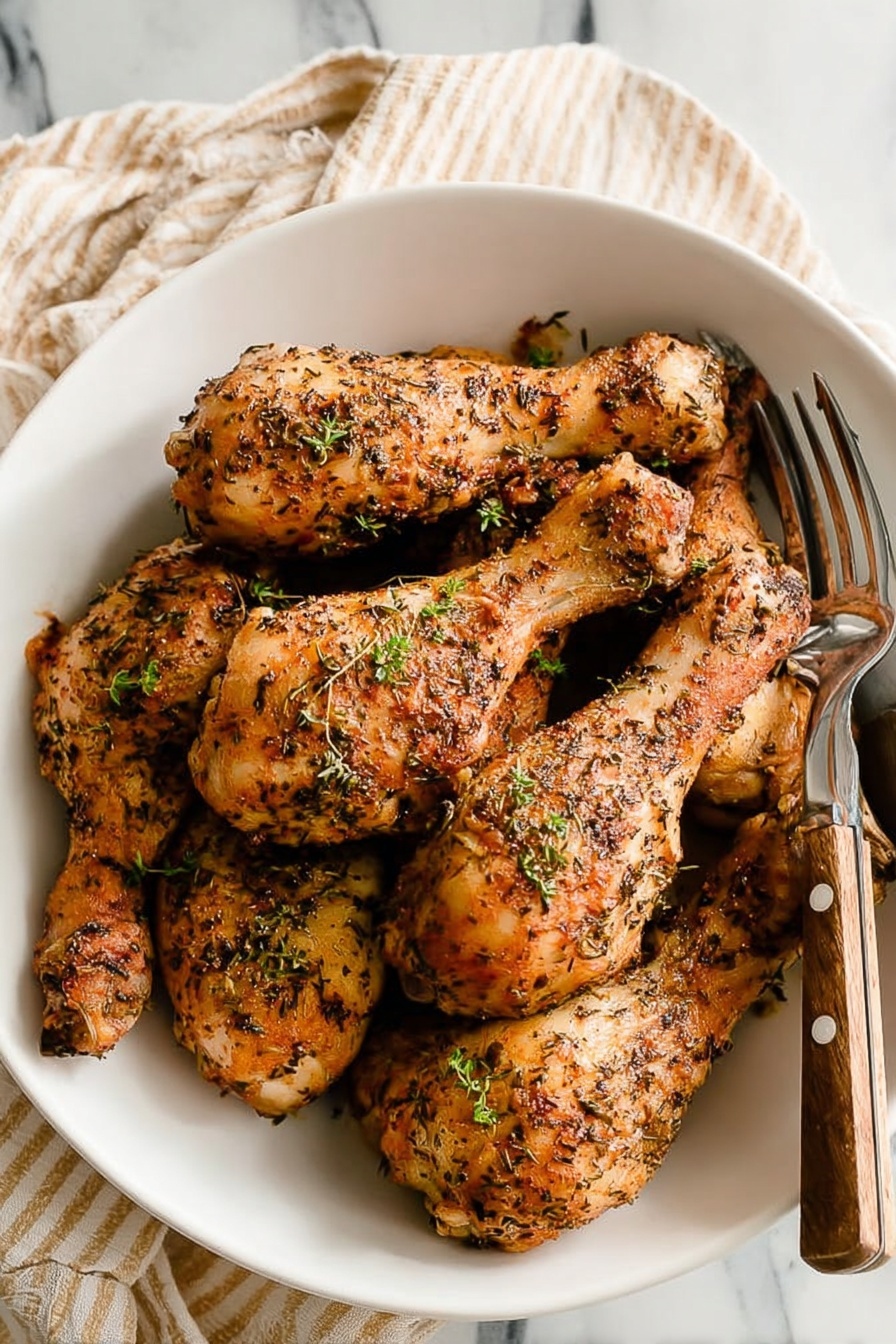 A white bowl filled with several golden-brown chicken drumsticks, each covered with dry herbs and small green garnish pieces. The drumsticks have a slightly crispy texture with visible seasoning scattered all over. A fork and knife with wooden handles rest inside the bowl on the right side. The bowl sits on a white marbled surface with a beige-striped cloth partially shown on the left side. photo taken with an iphone --ar 2:3 --v 7 - Crispy Baked Chicken Legs, baked chicken legs crispy skin, easy baked chicken thigh recipe, oven roasted chicken legs, healthy baked chicken recipes
