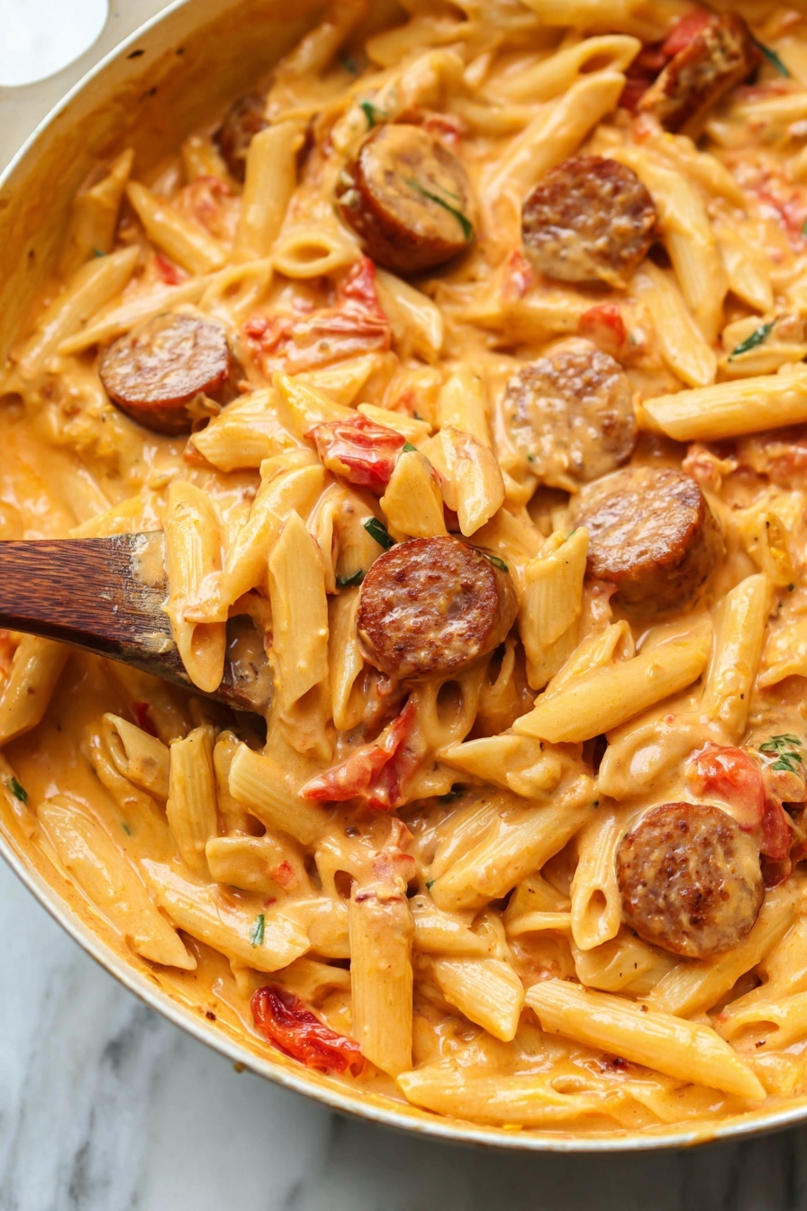 The image shows a close-up of a creamy pasta dish in a white pan on a white marbled surface. The dish has three main layers: a base layer of short, tube-shaped penne pasta in a pale yellow color, mixed evenly with slices of browned sausage pieces that are round with a slightly crispy texture on the edges, and small chunks of red tomatoes scattered throughout. The top layer is a thick, orange-colored creamy sauce that coats the pasta, sausage, and tomatoes fully, creating a rich and smooth texture. A wooden spoon is partially visible in the pan, lifting some pasta and sausage, with a woman's hand holding the spoon carefully. photo taken with an iphone --ar 2:3 --v 7 - Cheesy Kielbasa Pasta, Kielbasa Pasta recipe, easy sausage pasta, creamy kielbasa pasta dinner, weeknight comfort food