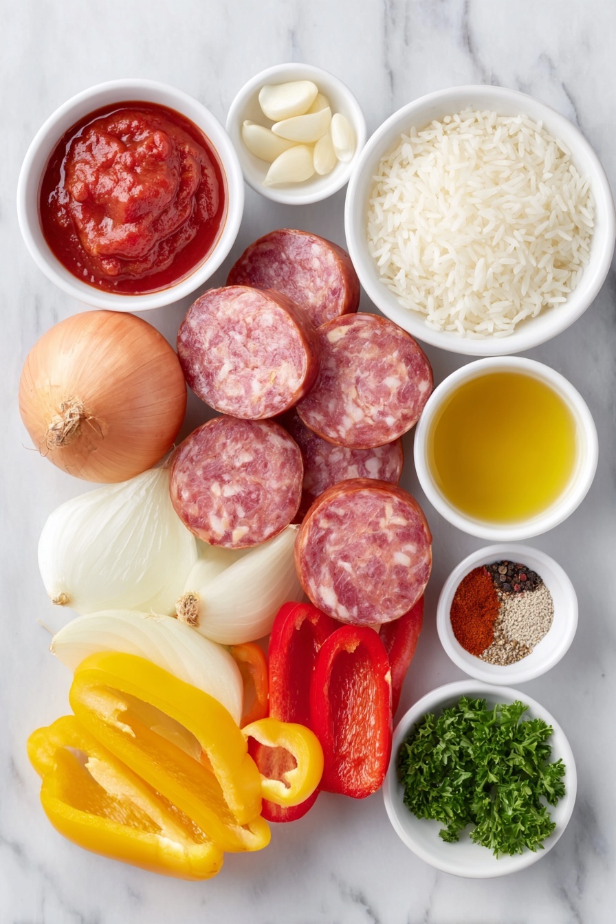 Flat lay of uncooked white rice in a small white ceramic bowl, a few slices of bright red bell pepper, several slices of vibrant yellow bell pepper, a small white onion quartered and sliced, four peeled garlic cloves, a small white bowl filled with deep red tomato paste, a small white bowl with golden olive oil, a few thick slices of smoky brown sausage, a small white bowl containing light golden chicken broth, a small white bowl with ground black pepper, a small white bowl with kosher sea salt, a small white bowl with paprika powder, a small white bowl with cayenne pepper, and a small bunch of fresh green chopped parsley—all arranged symmetrically and balanced—placed on a clean white marble surface, soft natural light, photo taken with an iPhone, professional food photography style, fresh ingredients, white ceramic bowls, no bottles, no duplicates, no utensils, no packaging --ar 2:3 --v 7 --p m7354615311229779997 - Savory Sausage and Rice Skillet, hearty skillet dinner, quick weeknight meal, easy sausage rice recipe, one-pan sausage and rice