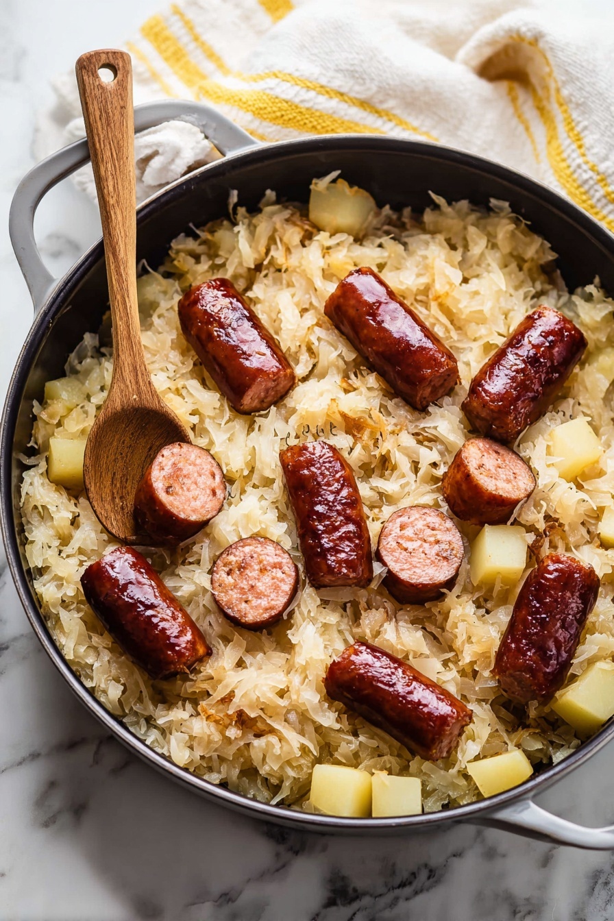 A black pan filled with cooked light yellow sauerkraut mixed with small cubes of pale yellow potatoes forms the base layer. On top, there are eight thick pieces of rich reddish-brown sausage scattered evenly, some showing darker browned edges and one piece sliced to reveal a dense, moist texture inside. A wooden spoon with a smooth, light brown handle and dark bowl rests on the left side of the pan, partially submerged in the sauerkraut. The pan sits on a white marbled surface with a white and yellow striped cloth nearby. Photo taken with an iphone --ar 2:3 --v 7 - Kielbasa and Sauerkraut Skillet, kielbasa and sauerkraut, easy sauerkraut skillet, hearty sausage and sauerkraut dish, one-pan kielbasa recipe